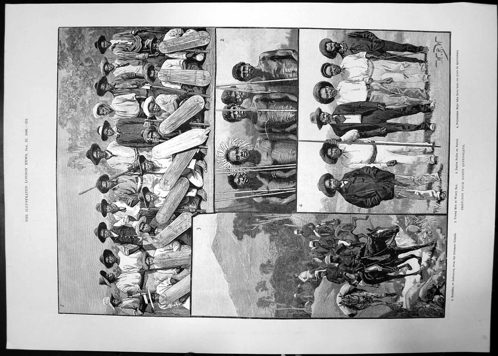 Antique Old Print Sketches North Queensland 1890 Police Labourers Young Men