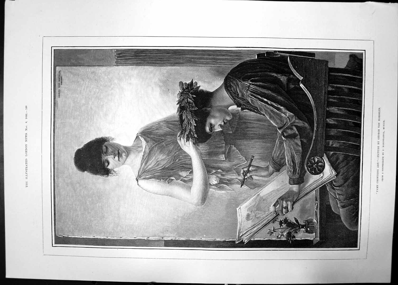 Antique Old Print Fame Crowning Art George Van Hoesslin 1890 Women Garland 19th
