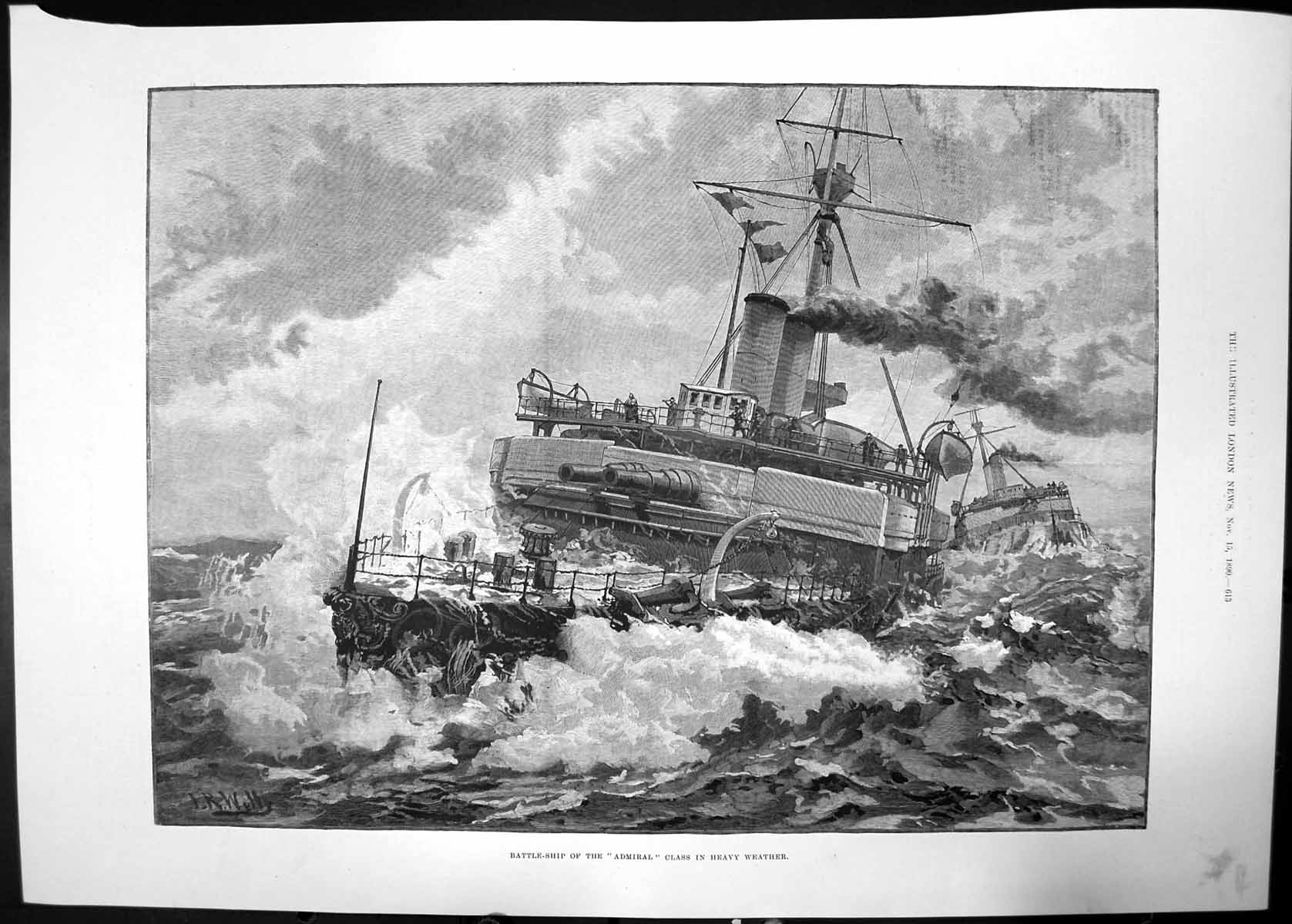 Antique Old Print Battleship The Admiral Class Heavy Weather 1890 Boat Sea 19th