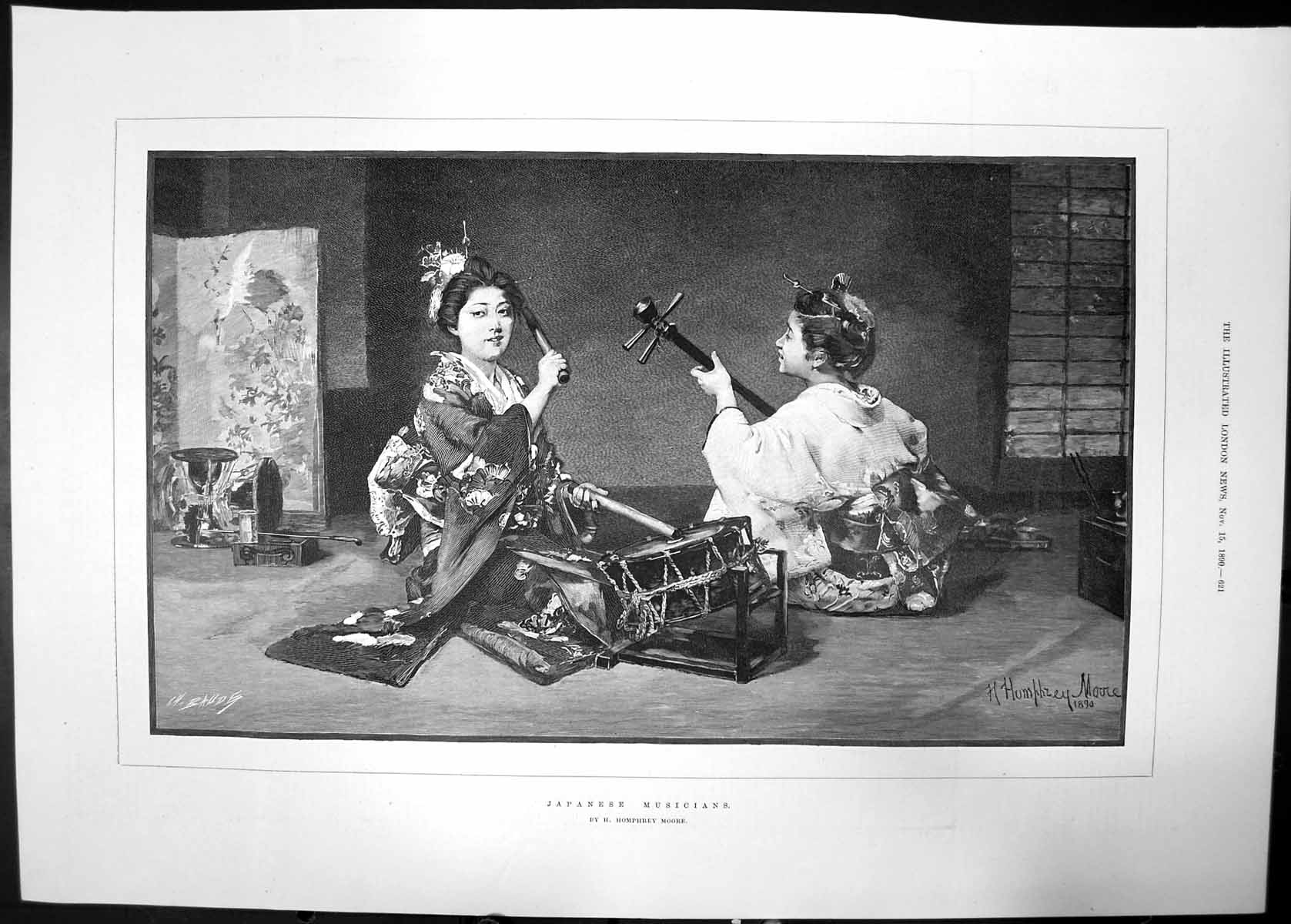 Old Antique Print Japanese Musicians 1890 Geisha Drum Guitar Women Moore 19th