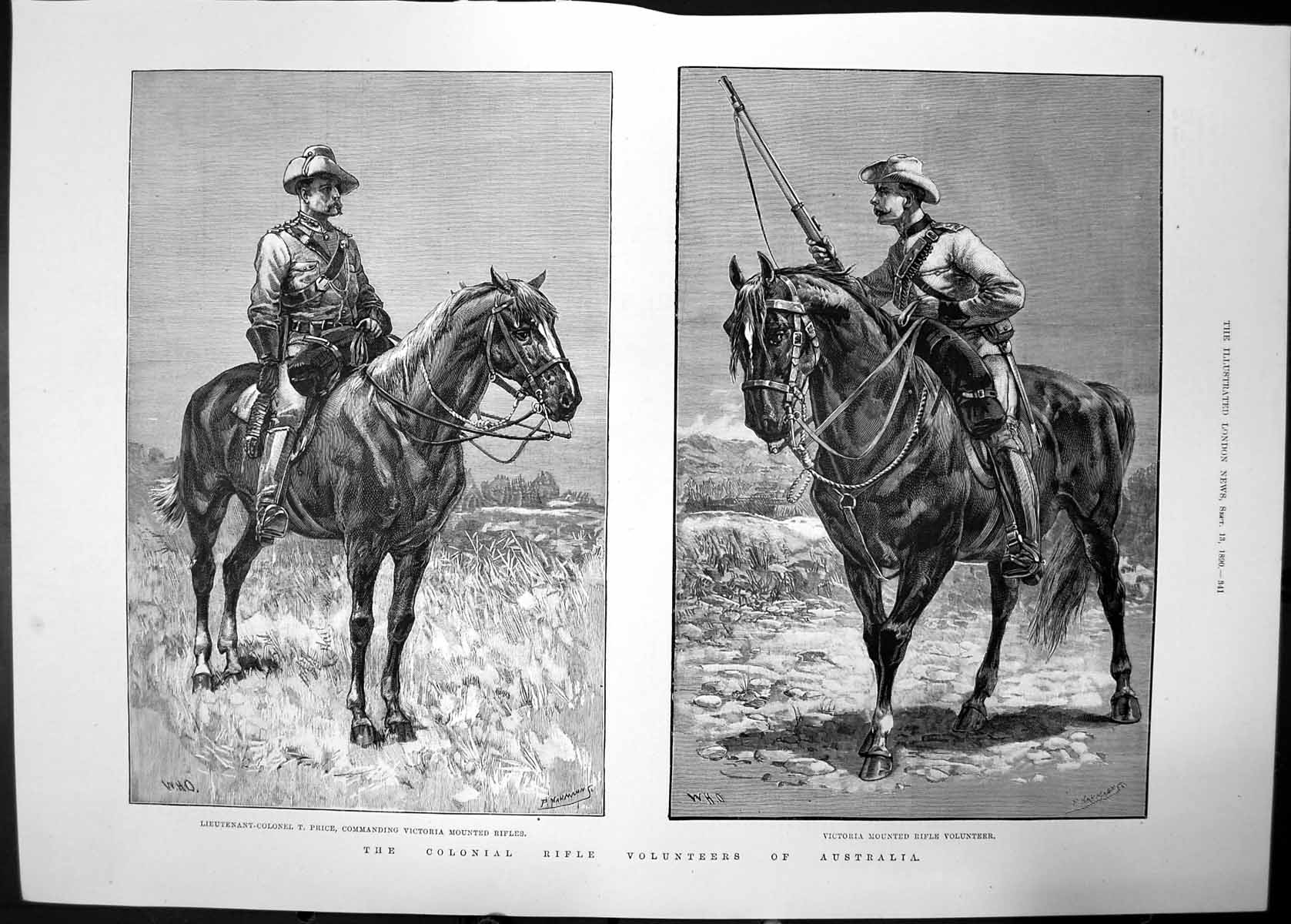 Antique Old Print Colonial Rifle Volunteers Australia 1890 Horses Lieutenant
