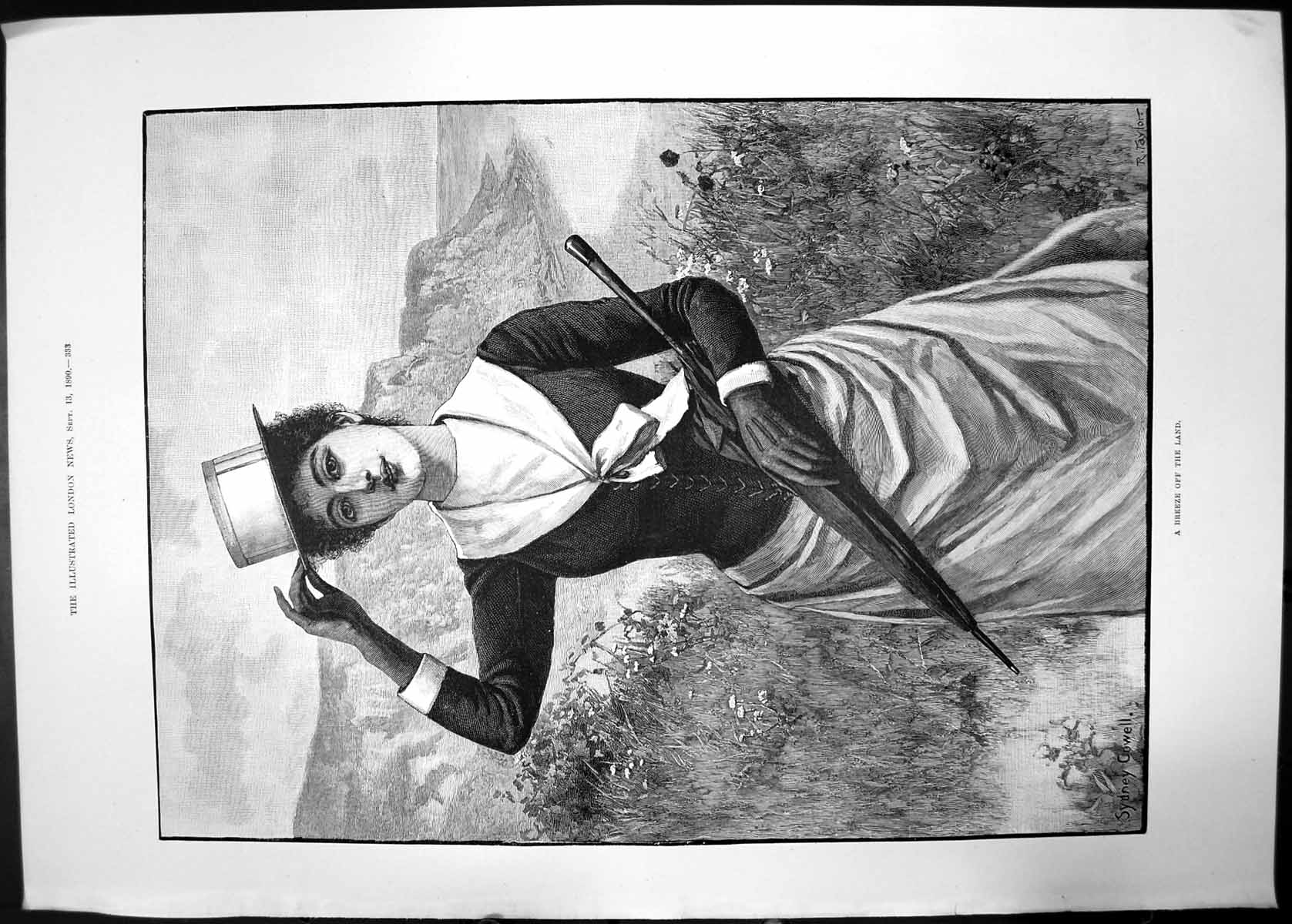 Antique Old Print Breeze Off The Land Cowell 1890 Woman Unbrella Hat Beach 19th