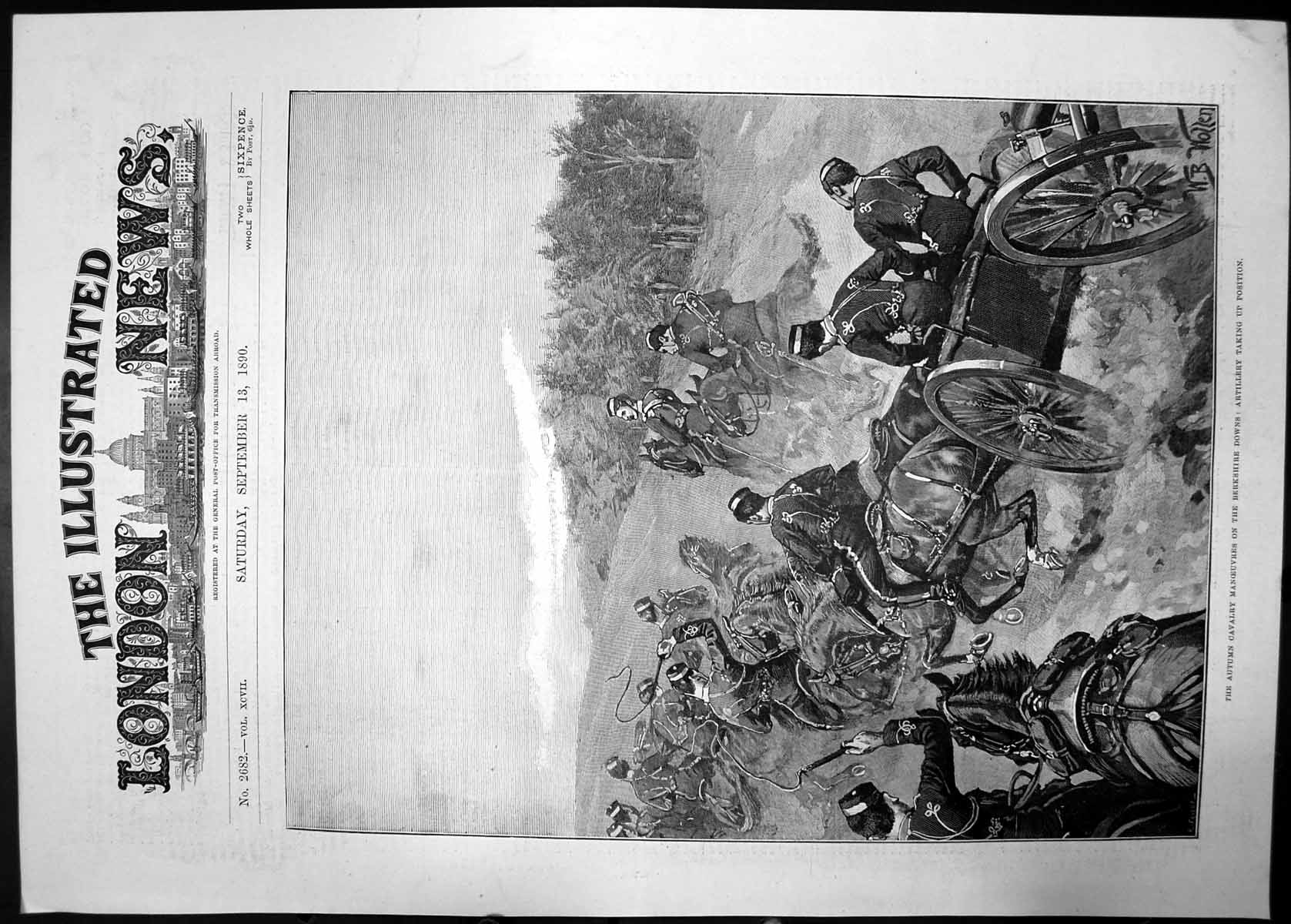 Antique Old Print Cavalry Berkshire Downs Artillery 1890 Horses Siers Cart 19th
