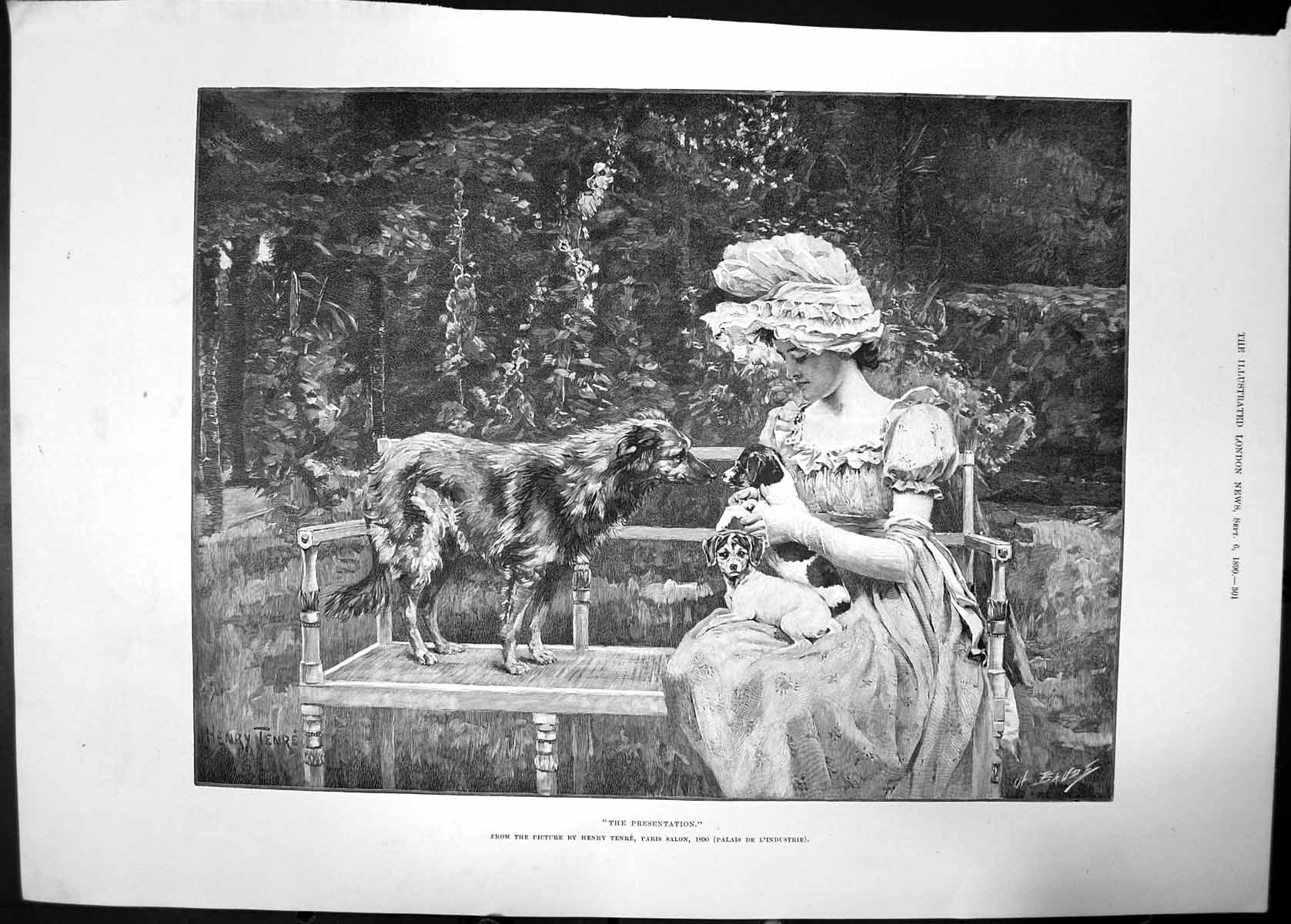 Antique Old Print The Presentation 1890 Paris Salon Tenre Woman Dog Puppies