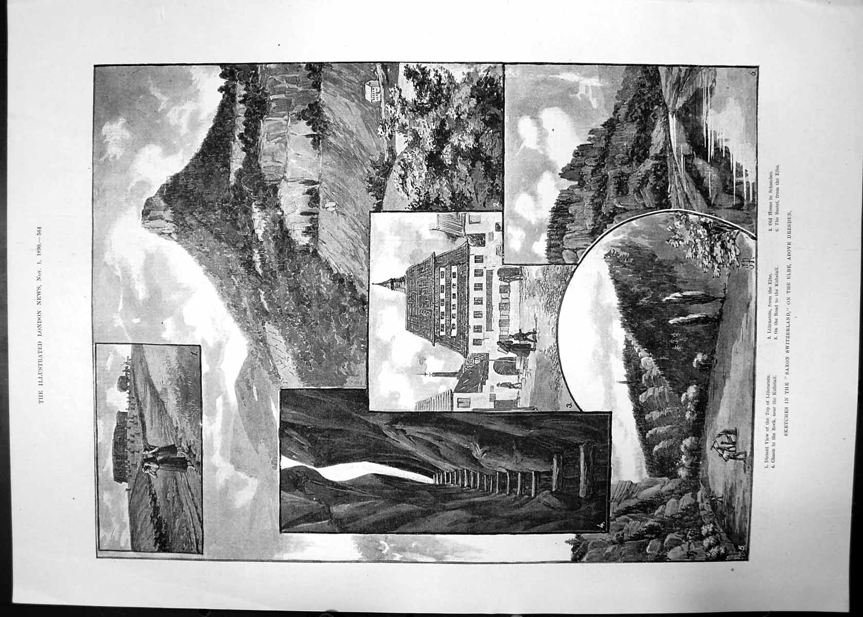 Old Antique Print Sketches Saxon Switzerland Elbe Dresden 1890 House Hill 19th