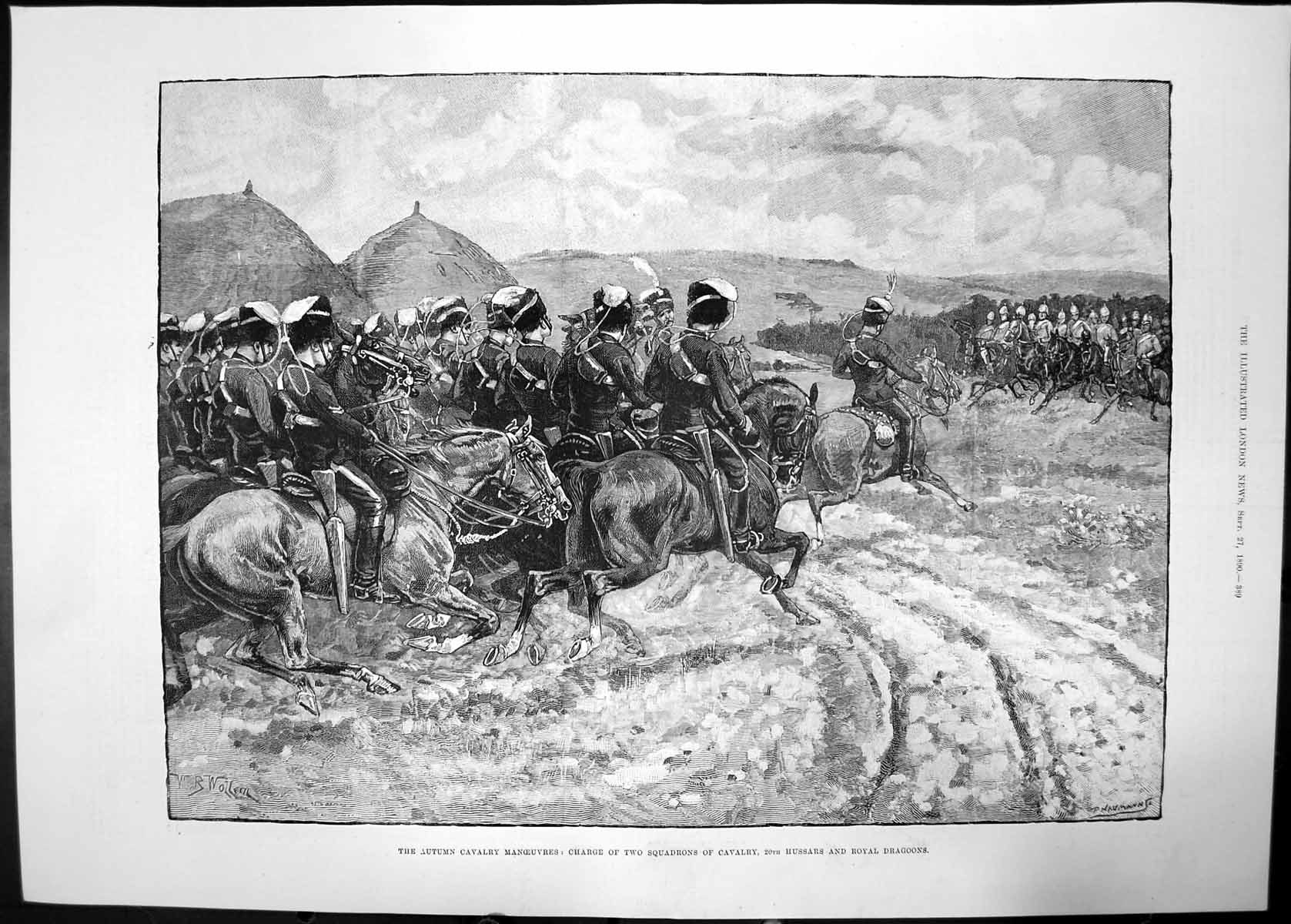 Antique Old Print Cavalry Charge Two Squadrons Hussars Royal Dragoons 1890 19th