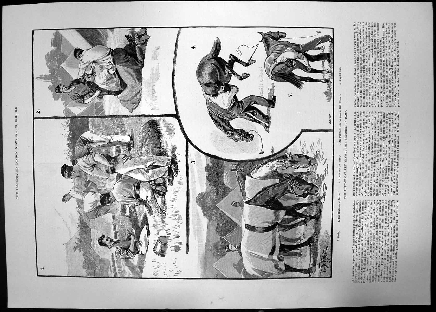 Antique Old Print Autumn Cavalry Manoeuvres Sketches Camp Horses Barber 1890
