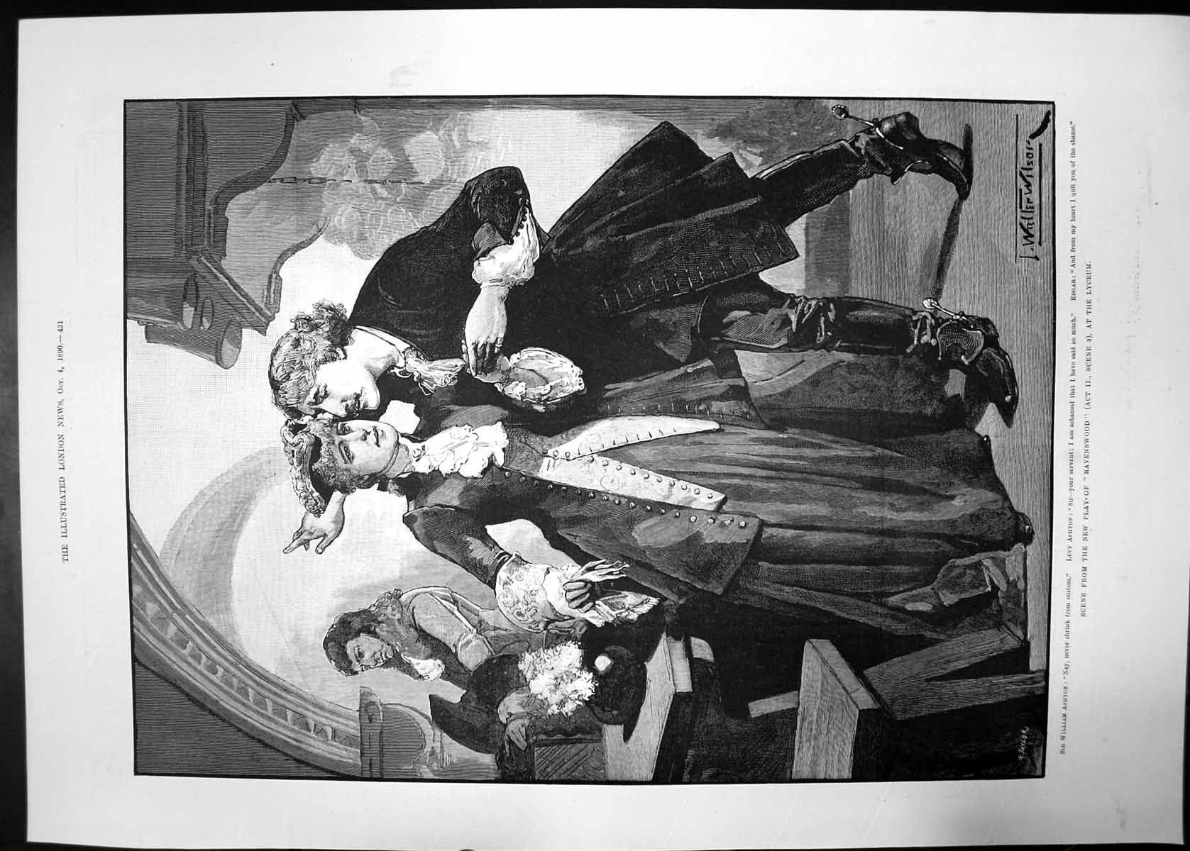 Old Antique Print Scene From Play Ravenswood Lyceum 1890 Servent Ashton 19th