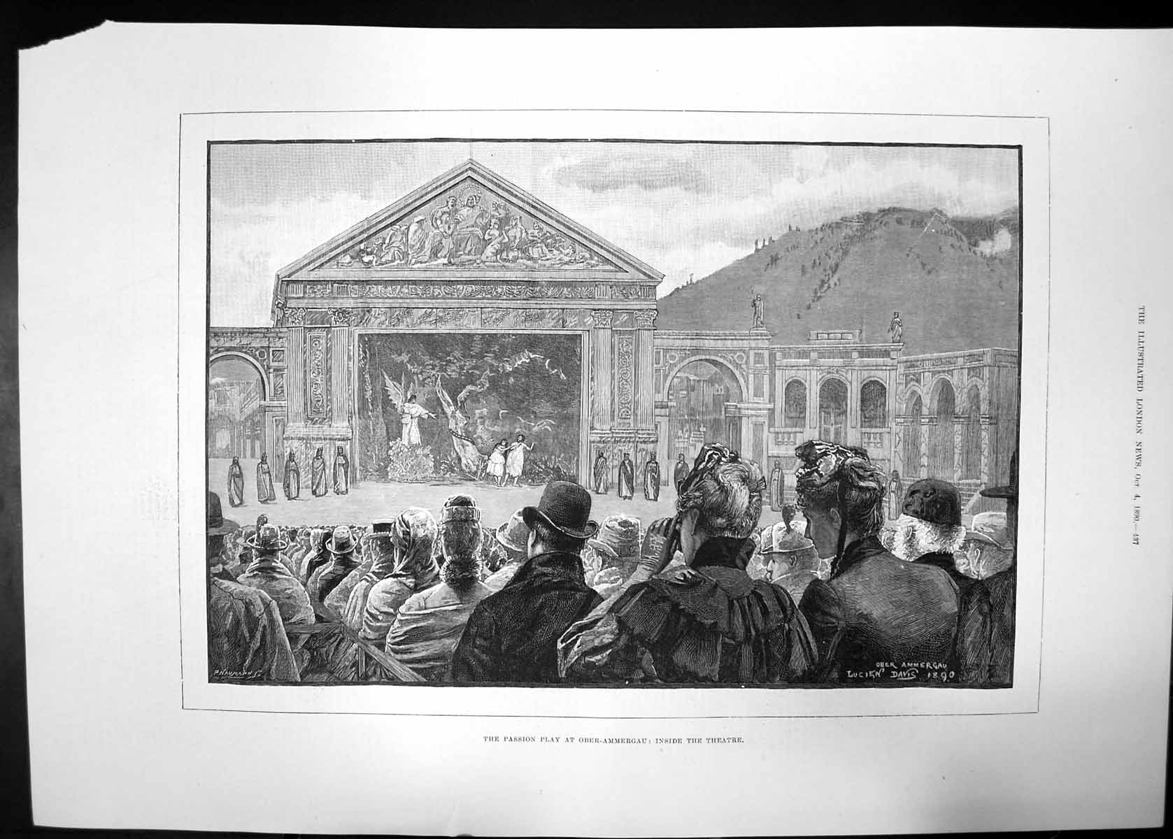 Antique Old Print Passion Play Ober Ammergau Theatre 1890 Crowd Lucien Davis
