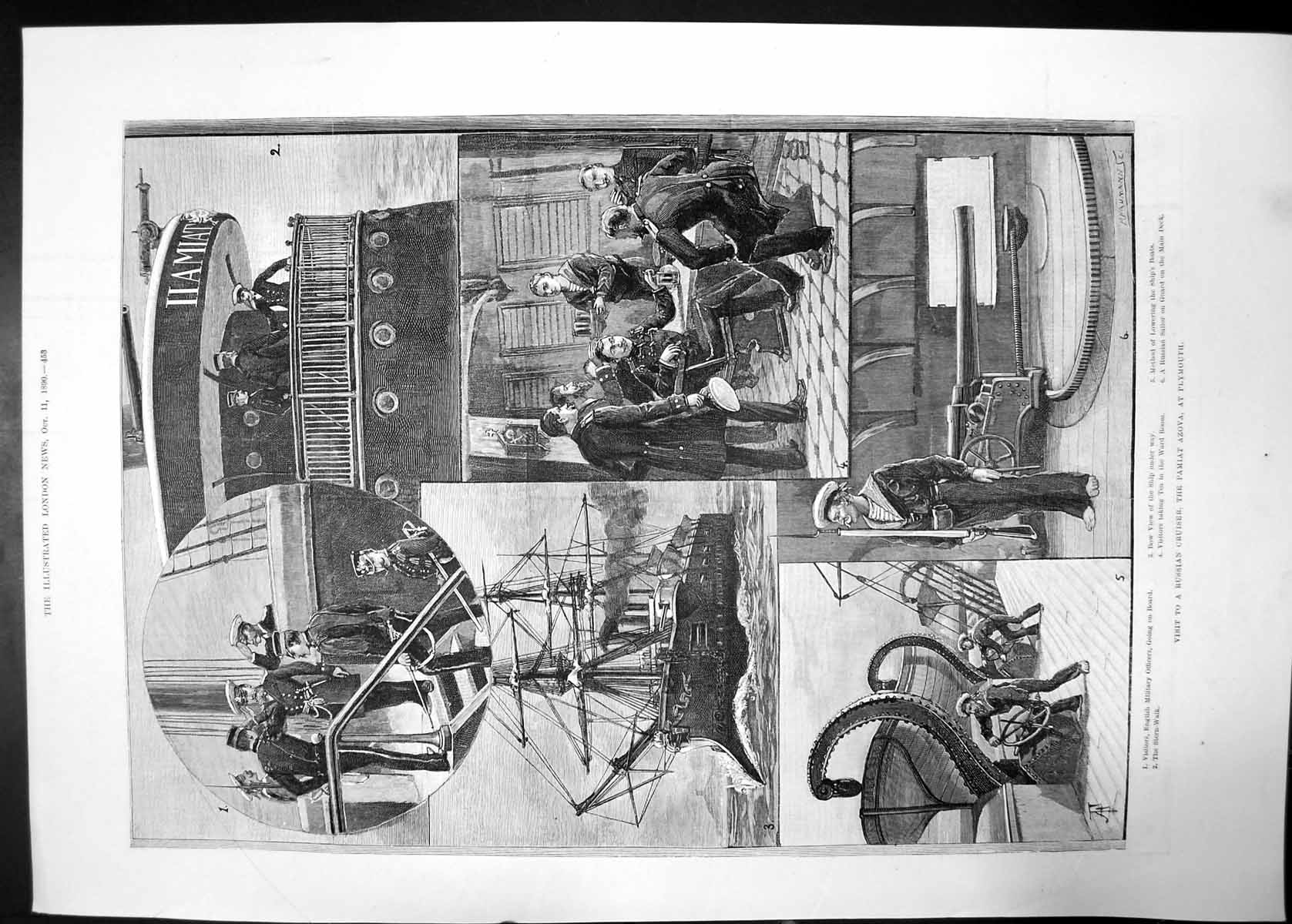 Antique Old Print Visit To Russian Cruiser Pamiat Azova Plymouth 1890 Sailors