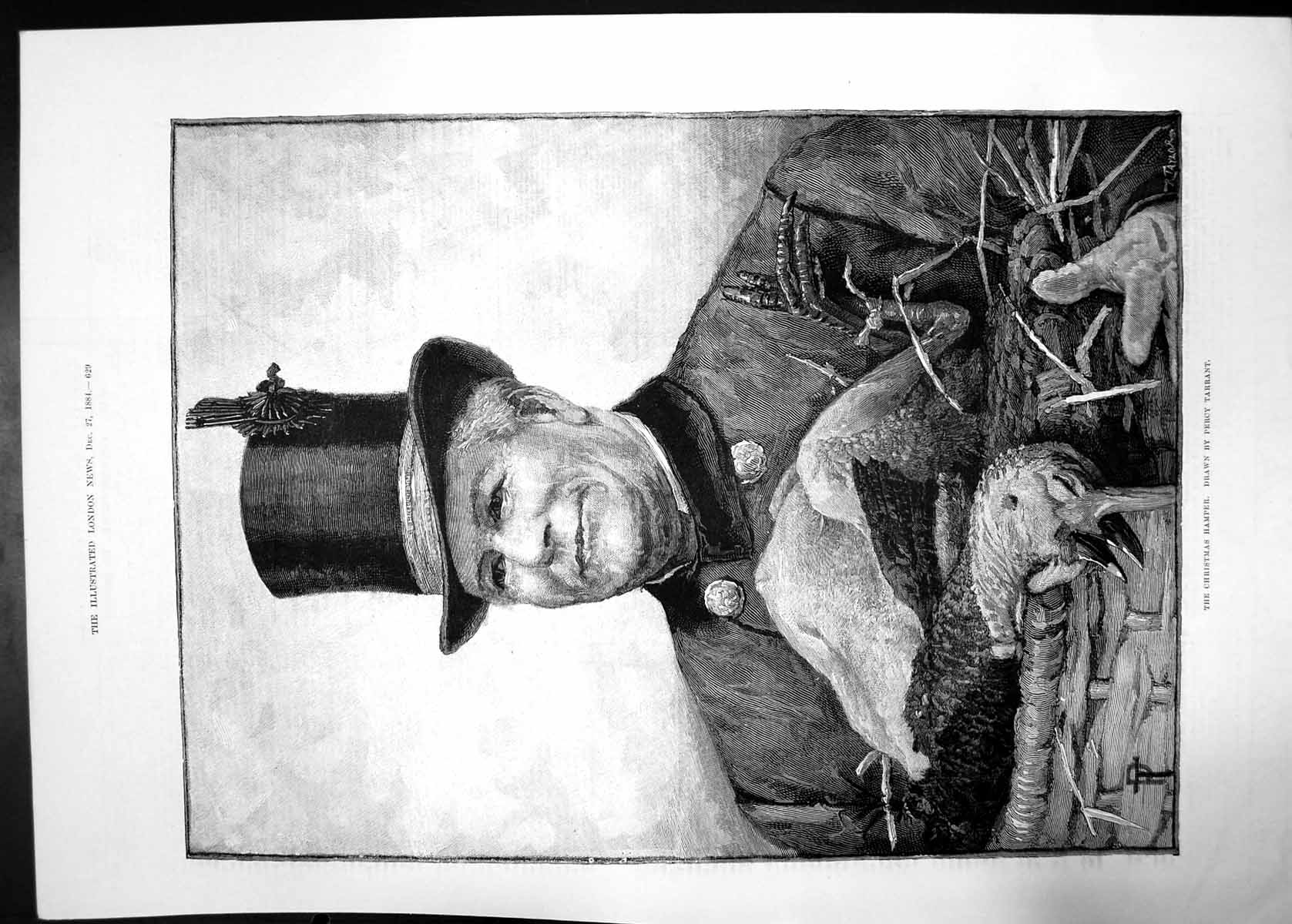 Old Antique Print Christmas Hamper Percy Tarrant Man Turkey Top Hat 1884 19th