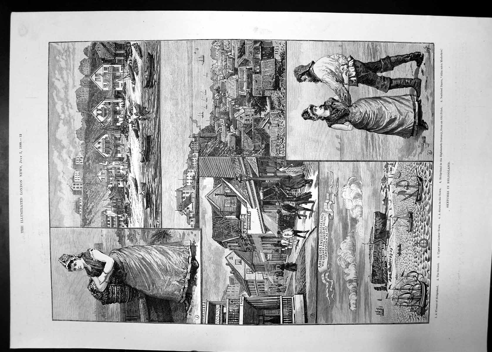 Antique Old Print Sketches Heligoland 1890 Woman Boats National Dance Town 19th