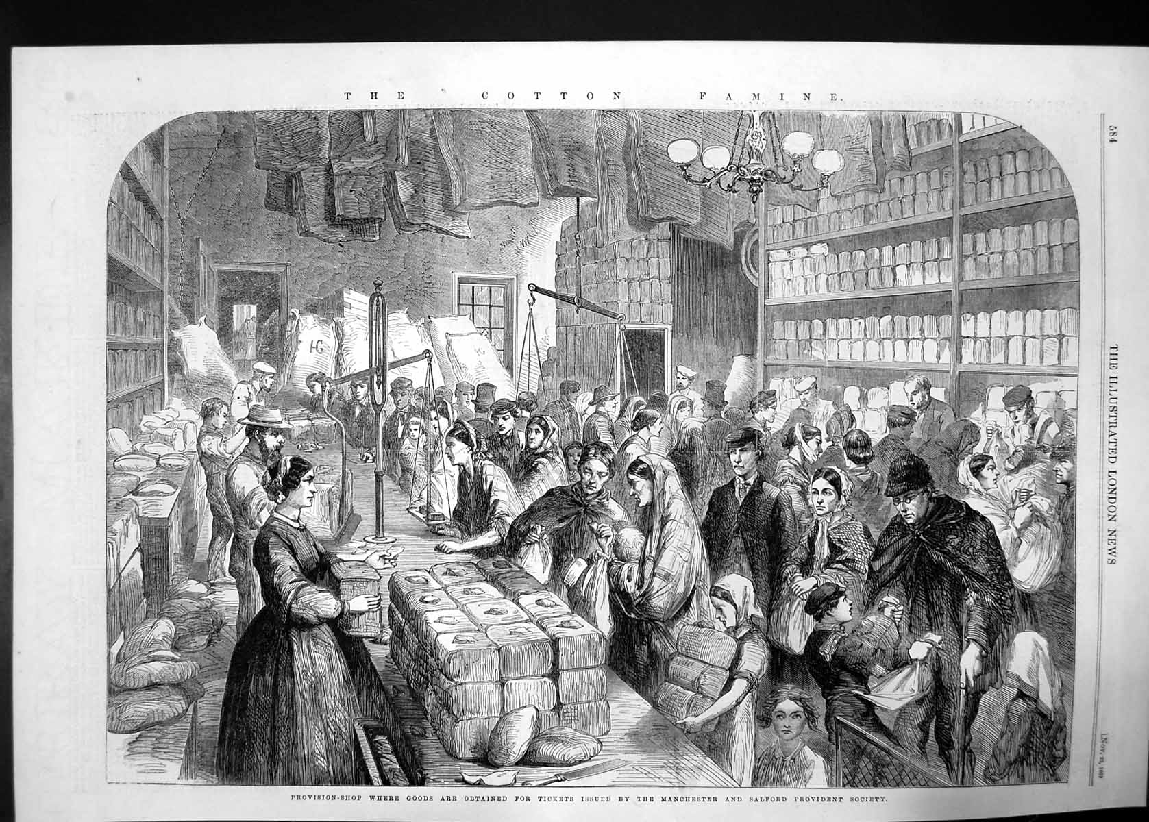 Old Antique Print Provision Shop Machester Salford Provident Society 1862 19th