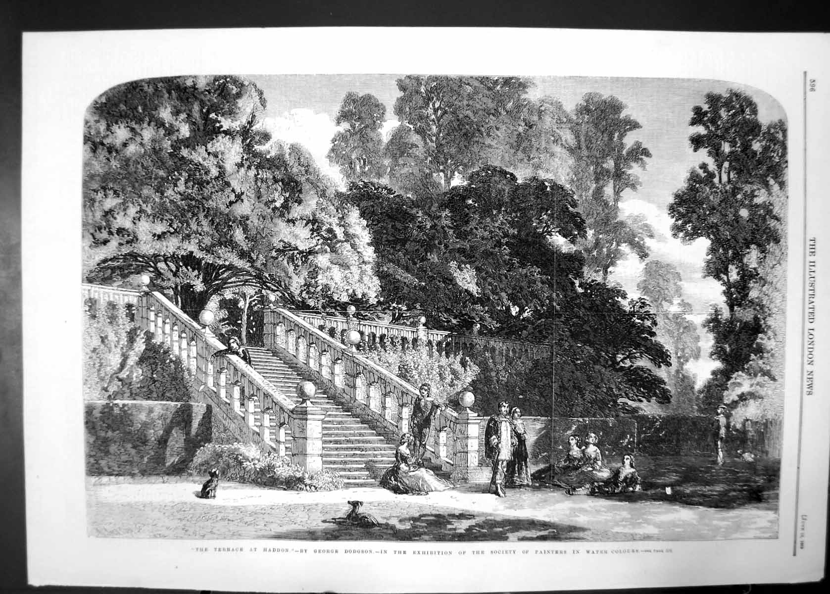 Antique Old Print Terrace At Haddon Dodgson 1859 Steps Dog Trees Exhibition