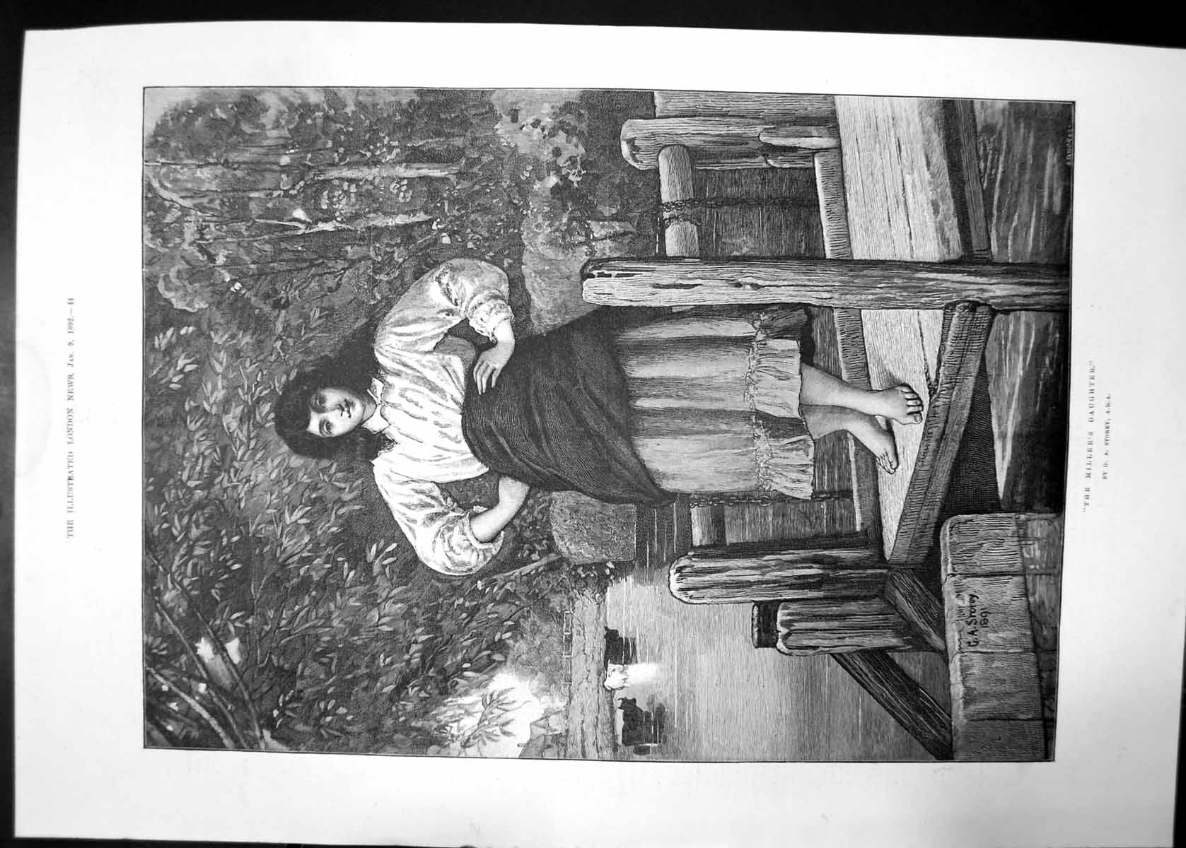 Original Old Antique Print The Millers Daughter 1892 Storey Girl Dock Cows 19th