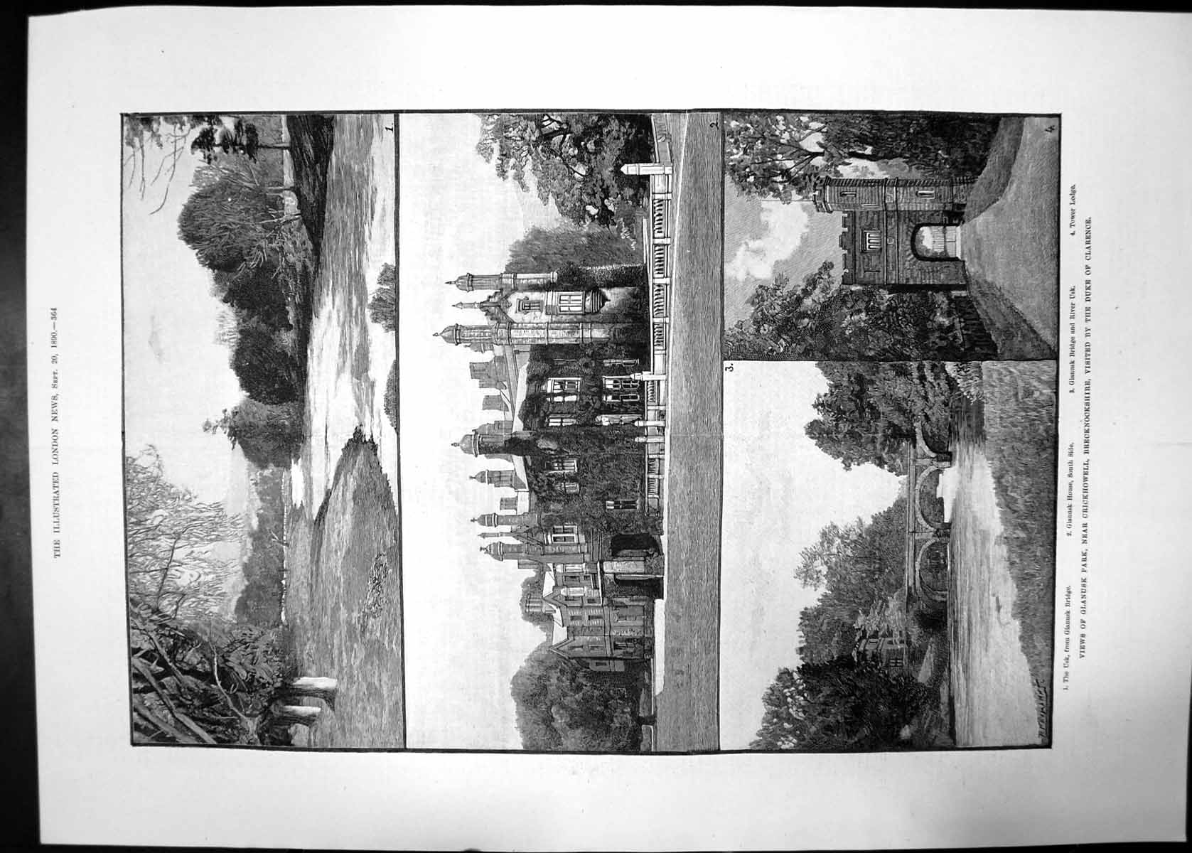Antique Old Print Views Glanusk Park Brecknockshire Duke Clarence 1890 River