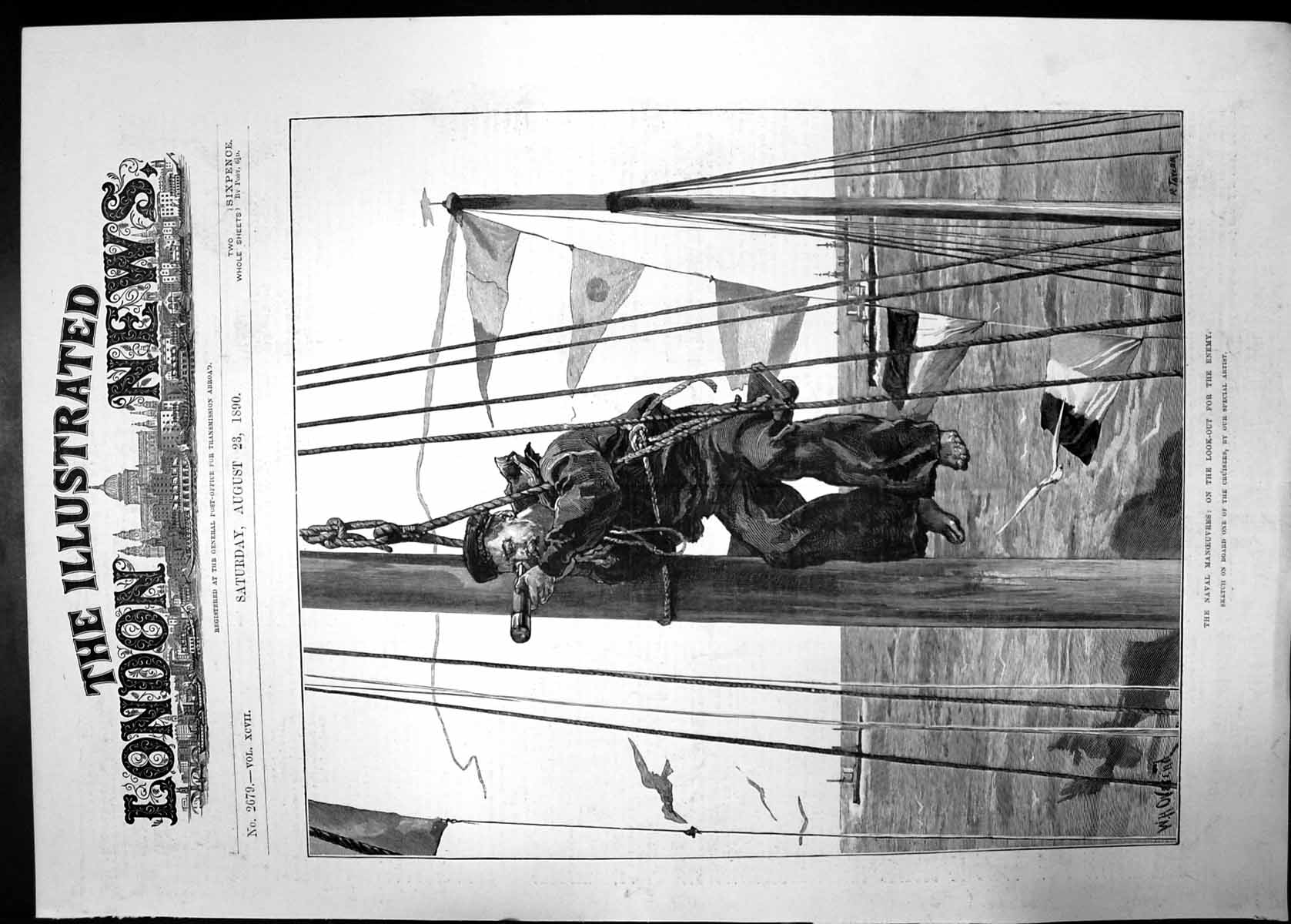 Old Antique Print Naval Manoeuvers Look Out Enemy 1890 Sailor Flags Boat 19th