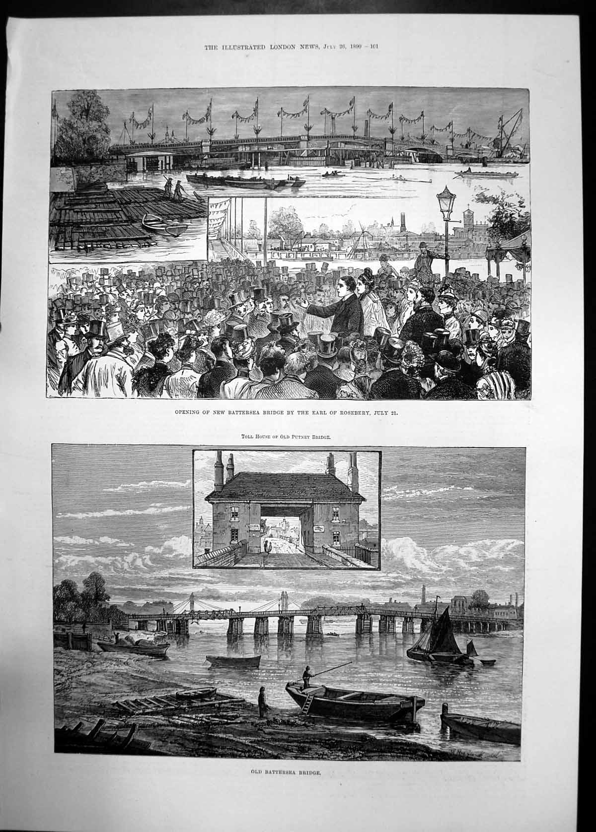 Old Antique Print Battersea Bridge Opening New Earl Roseberry 1890 Boat 19th