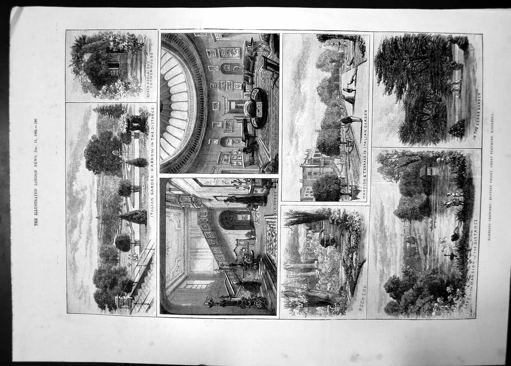 Antique Old Print Rambling Sketches Bentley Priory Stanmore Middlesex 1884 19th