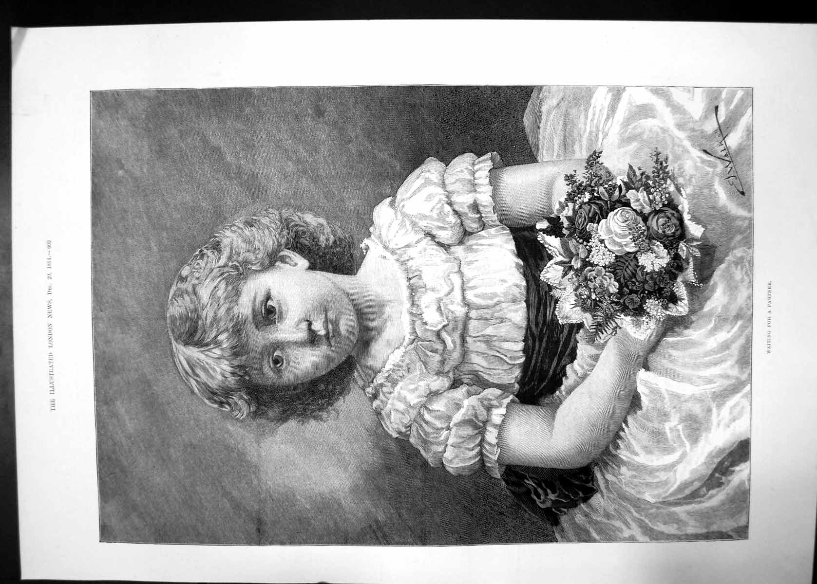 Original Old Antique Print Waiting For Partner 1884 Girl Dress Flowers Portrait