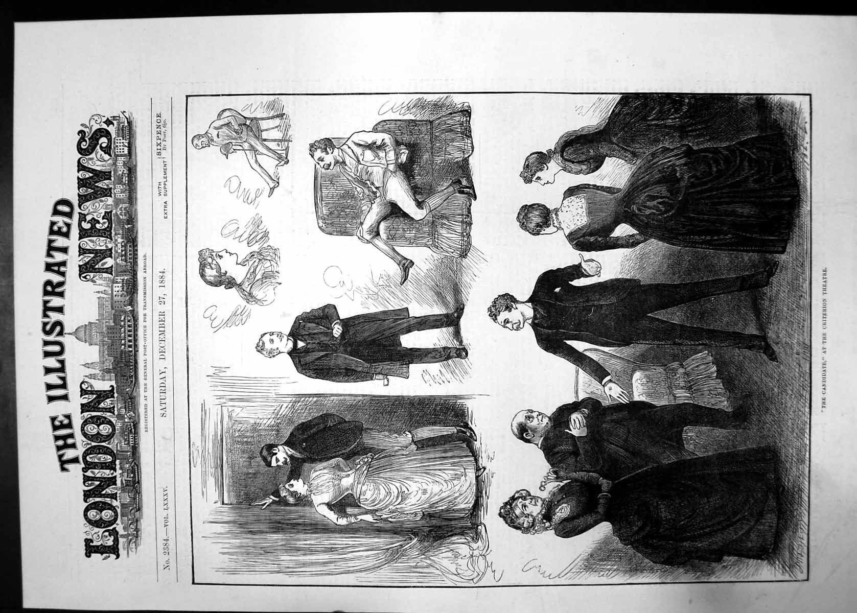 Antique Old Print The Candidate Criterion Theatre 1884 Women Men Dress Suit