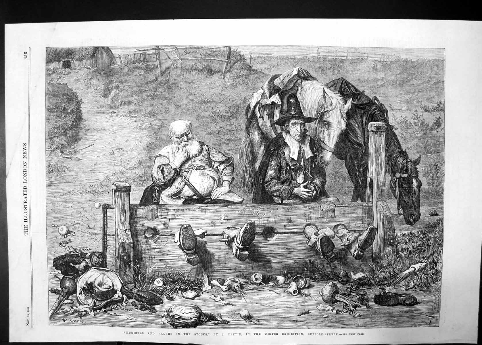 Original Old Antique Print Hudibras Ralpho In Stocks 1866 Pettie Horses Croft