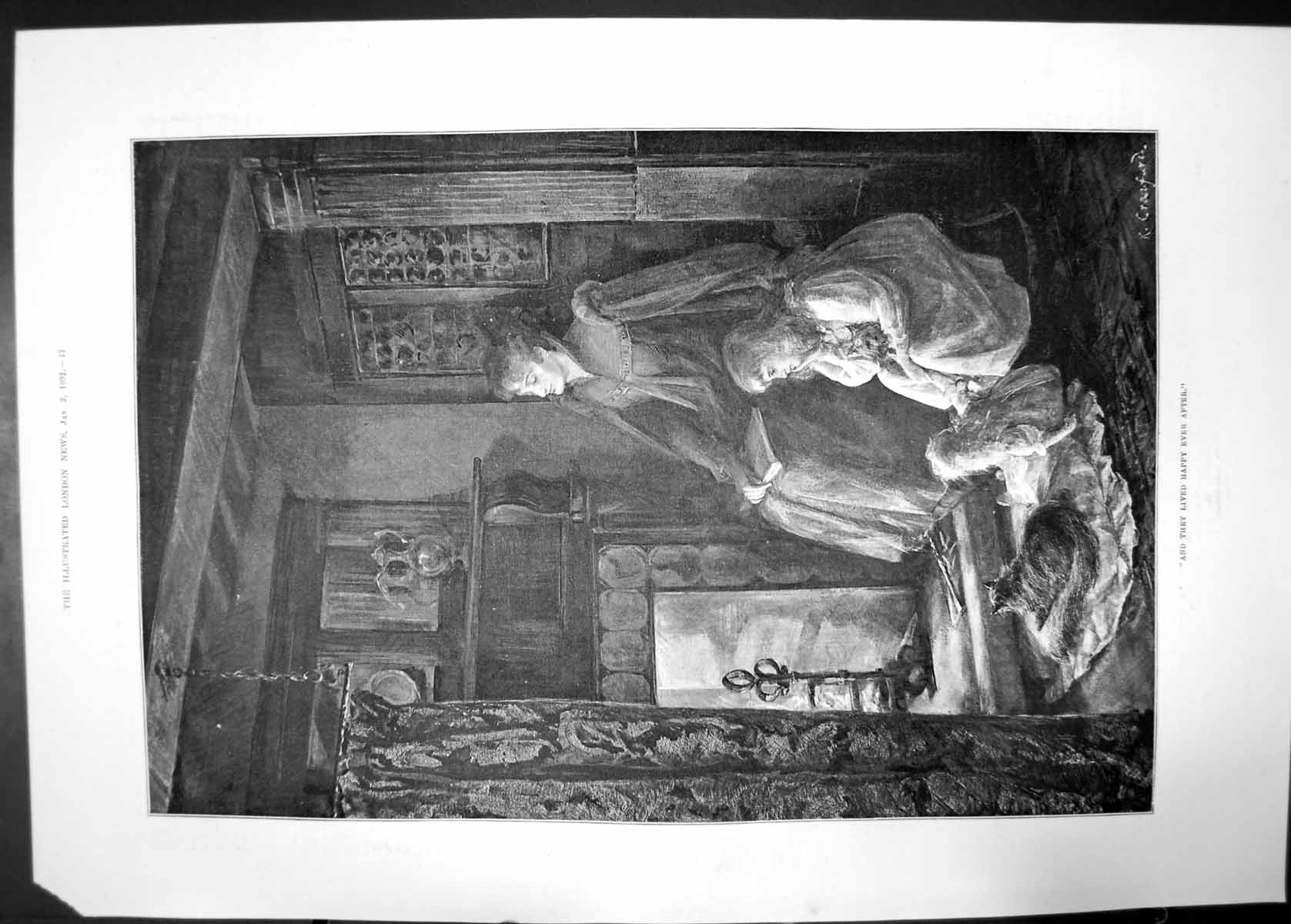 Old Print And They Lived Happily Ever After 1892 Woman Children Fire Cat 19th