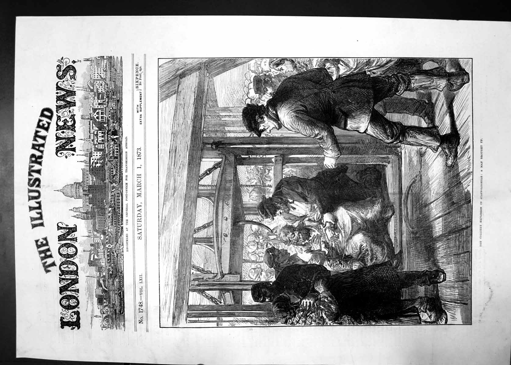 Original Old Antique Print Colliery Explosion Staffordshire 1873 Man Brought Up