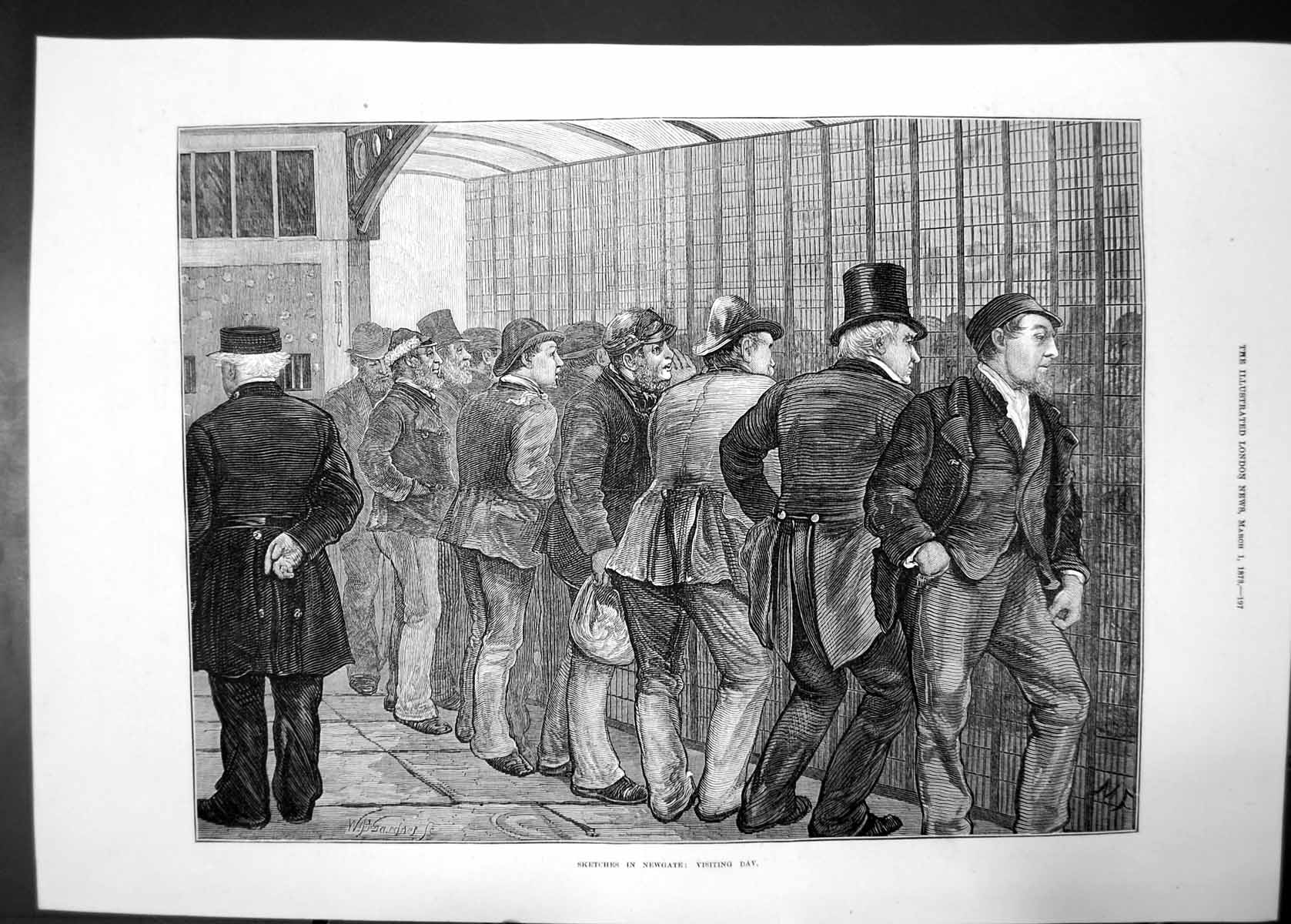 Original Old Antique Print Sketches In Newgate Visiting Day 1873 Men Suit Gate