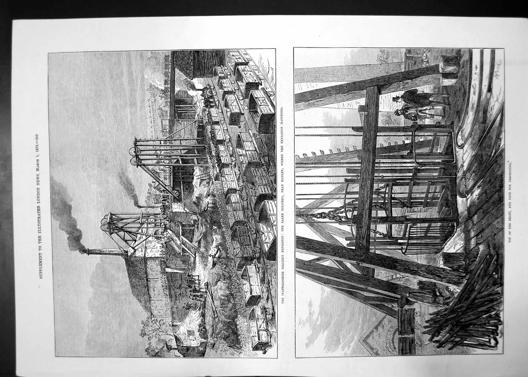 Antique Old Print Staffordshire Colliery Explosion Cage Railway Train 1873 19th