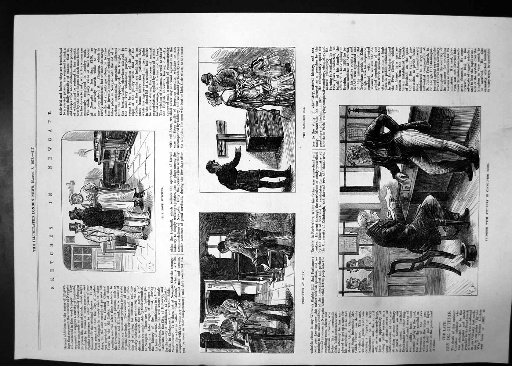Old Antique Print Sketches In Newgate Soup Kitchen Prisoners At Work 1873 19th