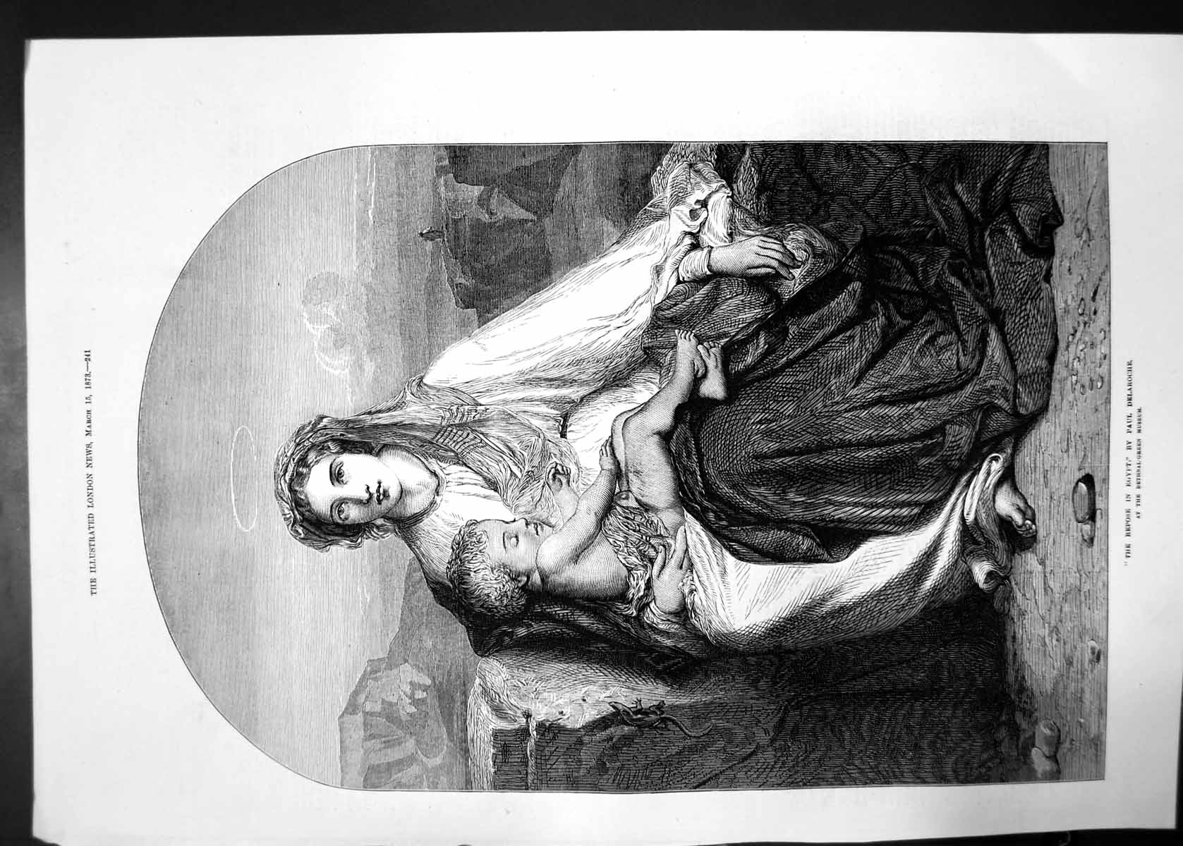 Original Old Antique Print Repose In Egypt Paul Delaroche 1873 Woman Baby Angel