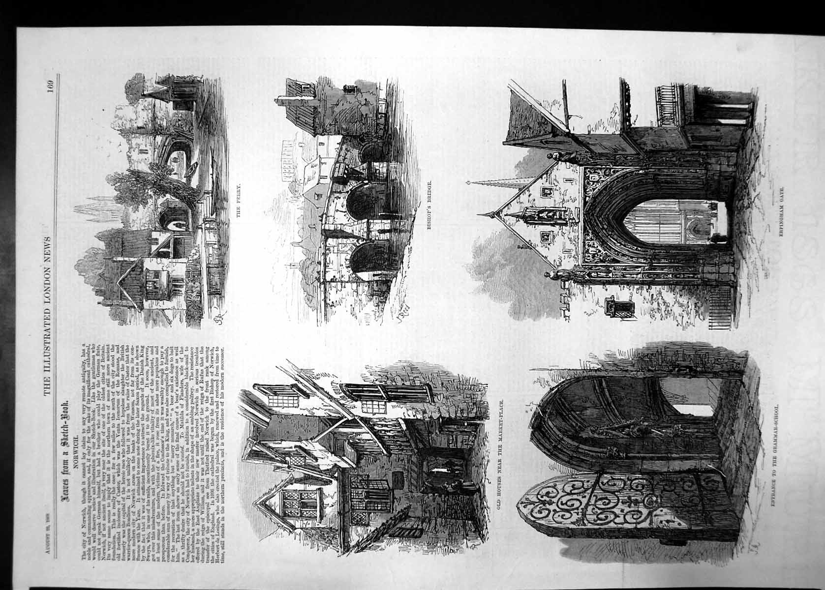 Original Old Antique Print Sketch Book Norwich Ferry Bridge Grammar School 1868