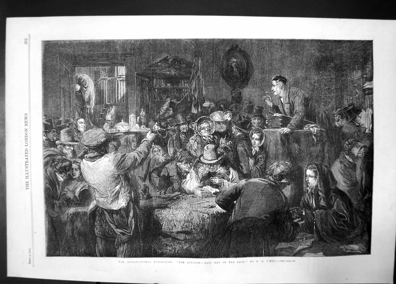 Original Old Antique Print Auction Last Day Sale 1862 Crowd By O'Neil Victorian