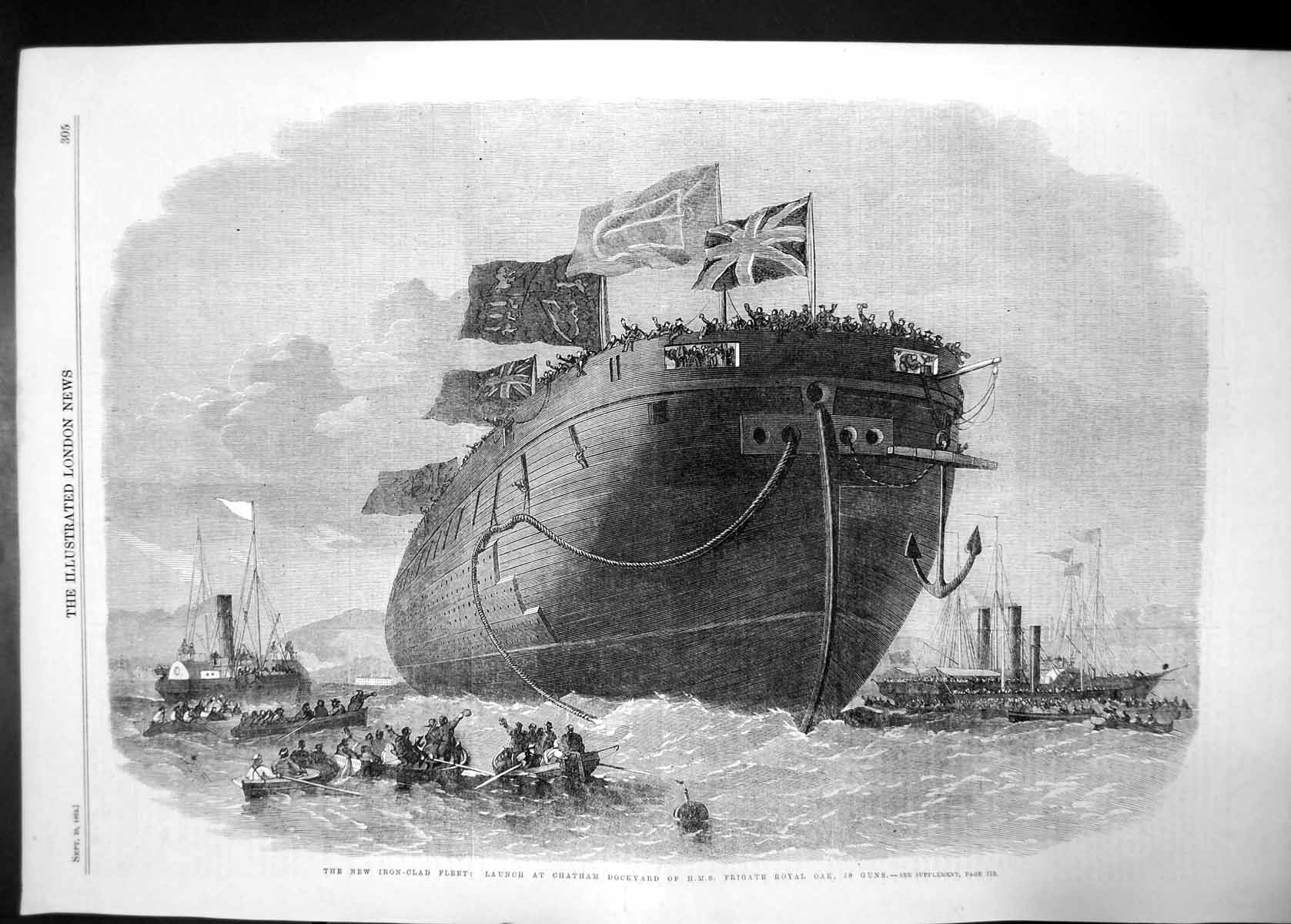 Antique Old Print Iron Clad Fleet Launch Chatman Dockyard Prigate Royal 1862