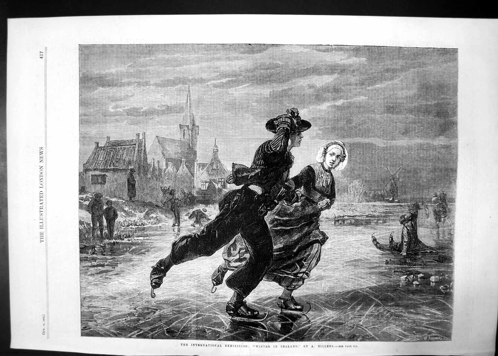 Antique Print Winter In Zealand By Dillens Ice Skating 1862 Man Woman Pond 19th