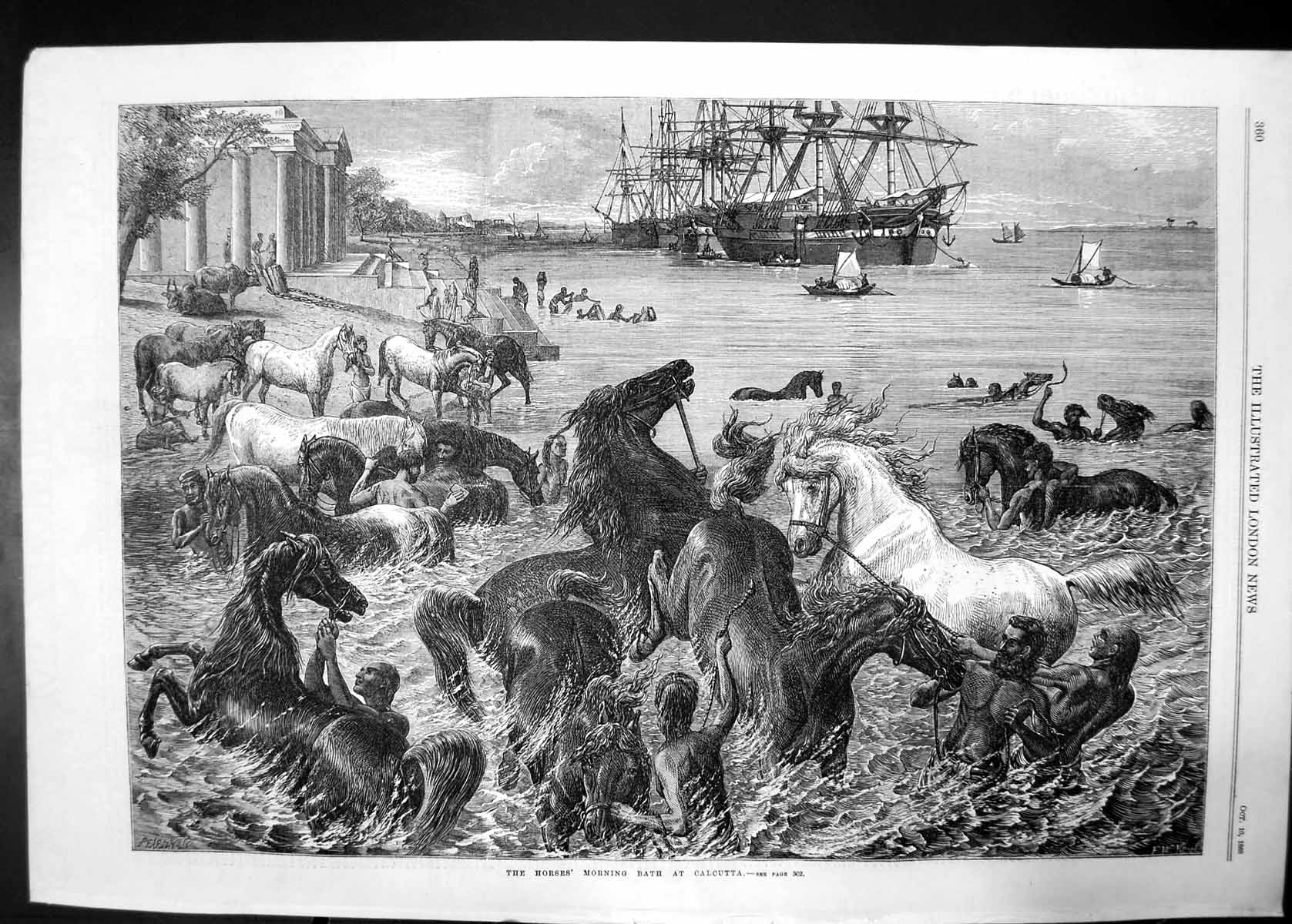 Old Antique Print Horses Morning Bath At Calcutta 1868 Sea Boat Men Women 19th