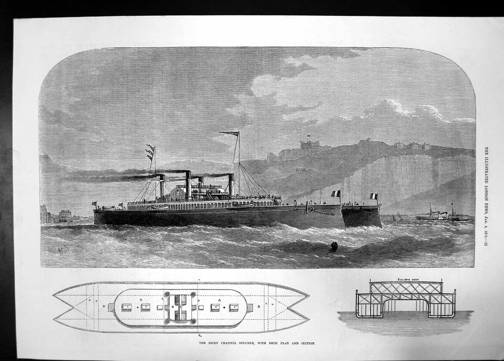 Antique Old Print Dicey Channel Steamer With Deck Plan And Section 1873 Boat