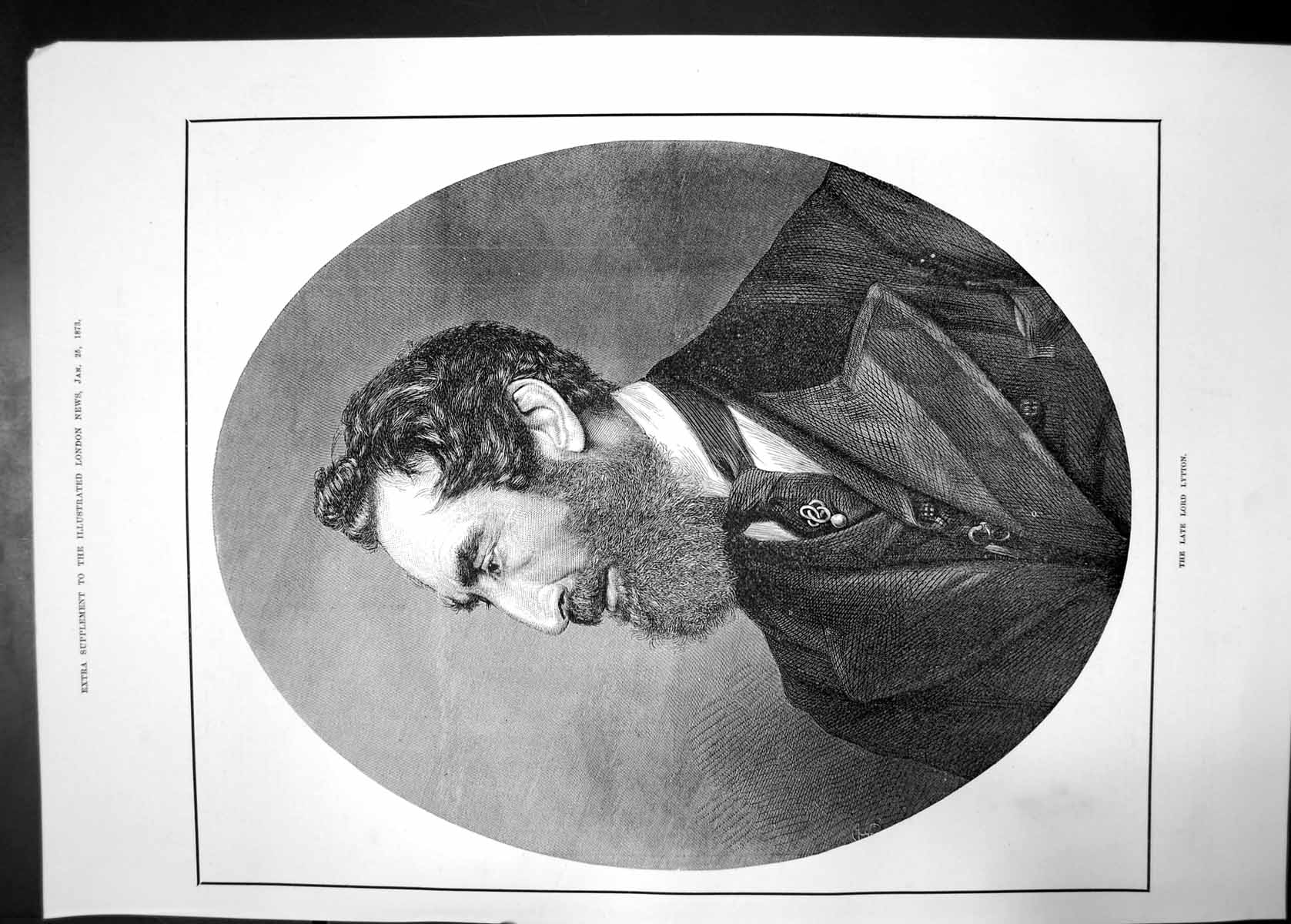 Original Old Antique Print Late Lord Lytton Portrait 1873 Man Suit Victorian