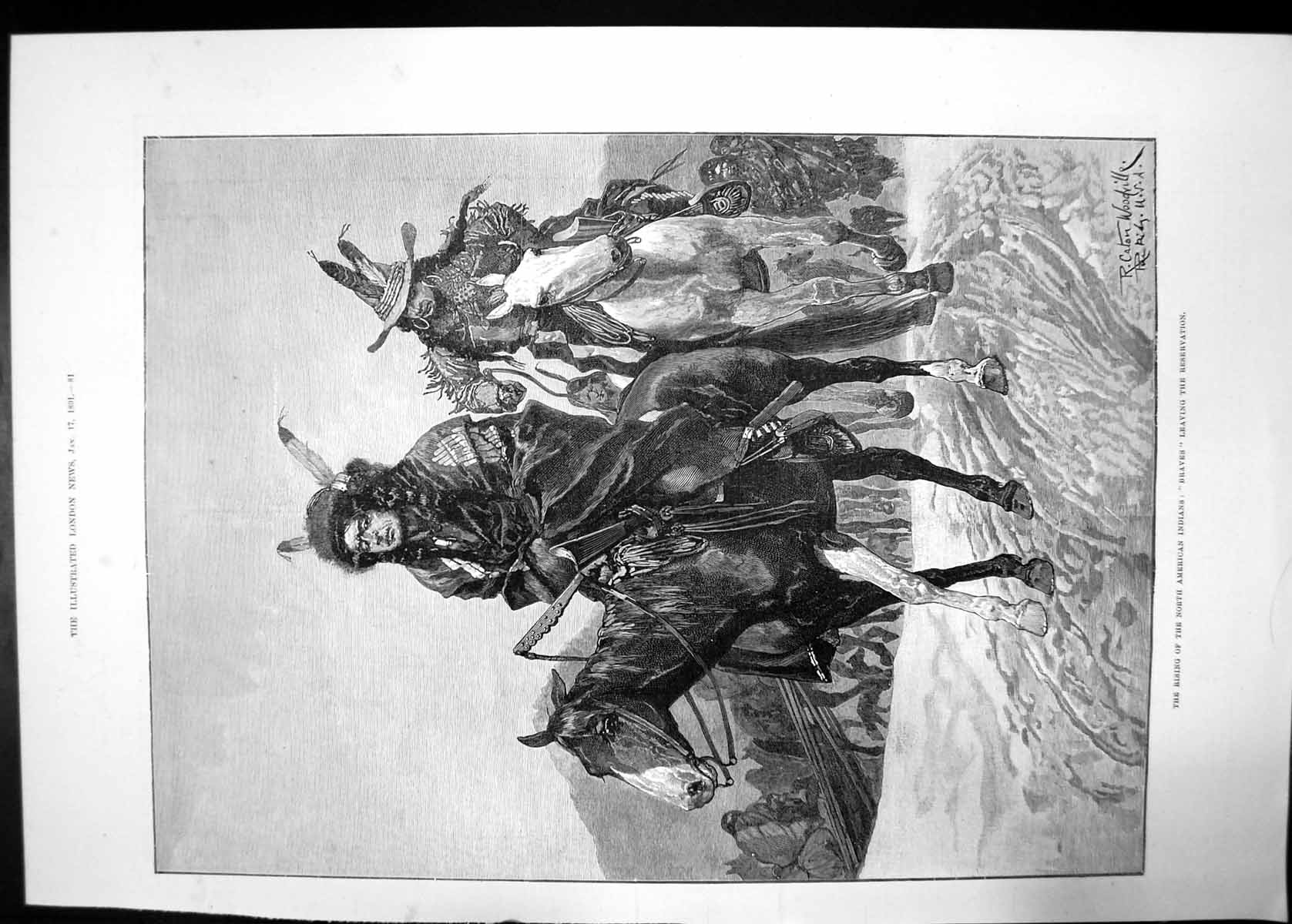 Antique Print Rising The North American Indians Braves Leaving 1891 Horses 19th