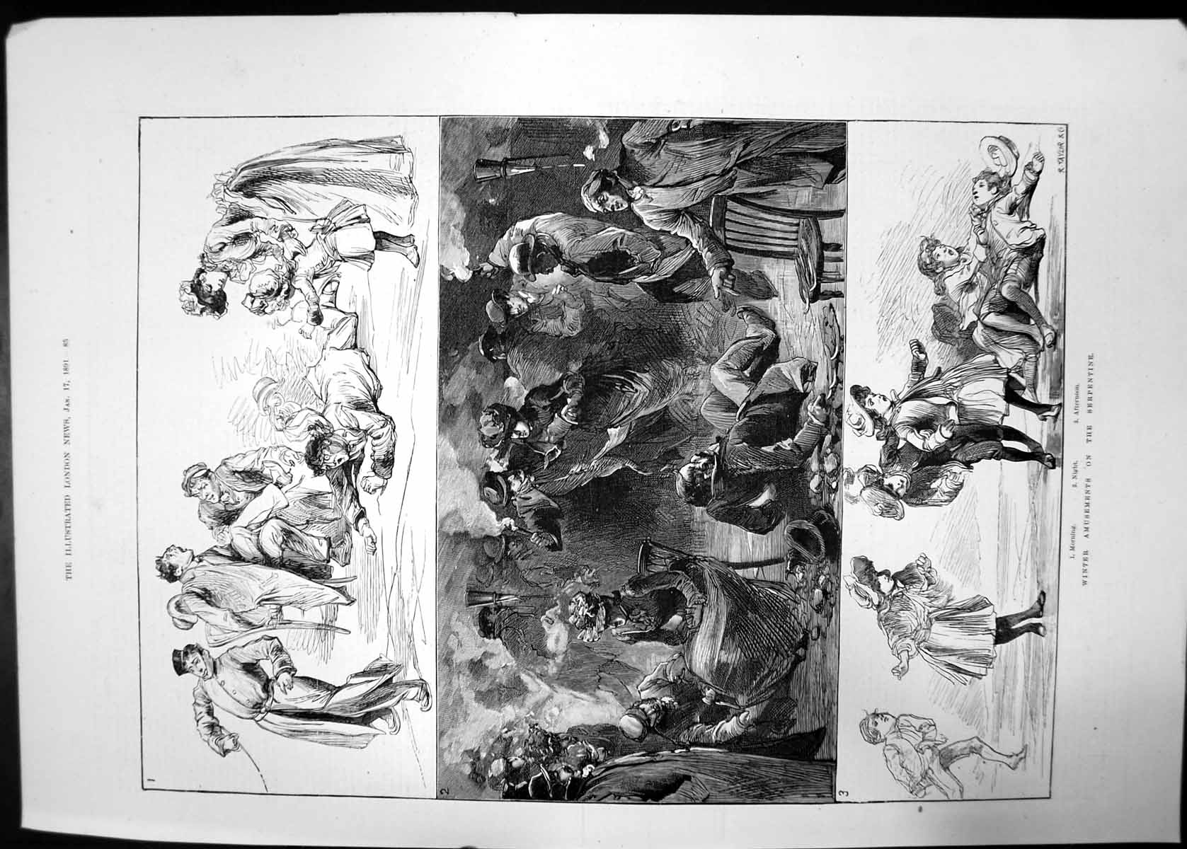 Antique Old Print Winter Amusements Serpentine 1891 Morning Night Afternoon
