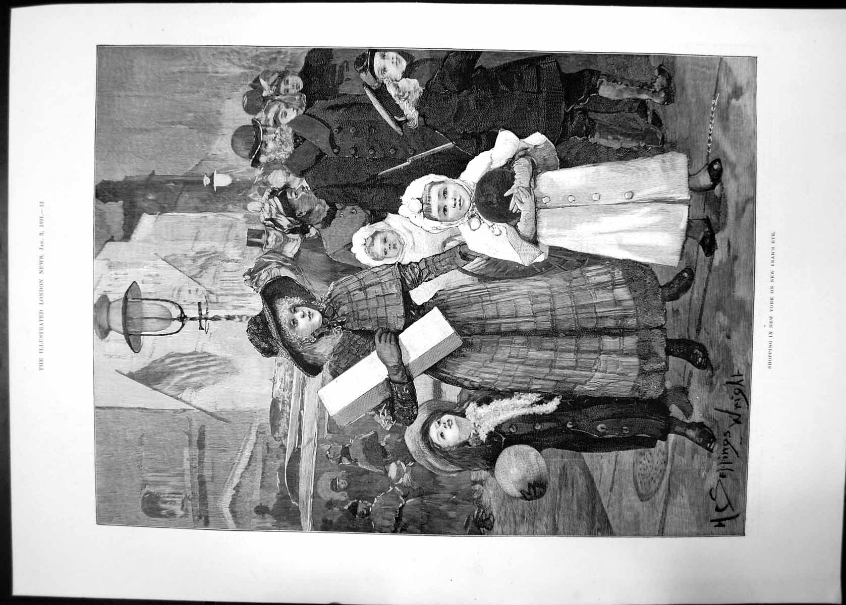 Old Antique Print Shopping New York New Years Eve 1891 Children Presents 19th