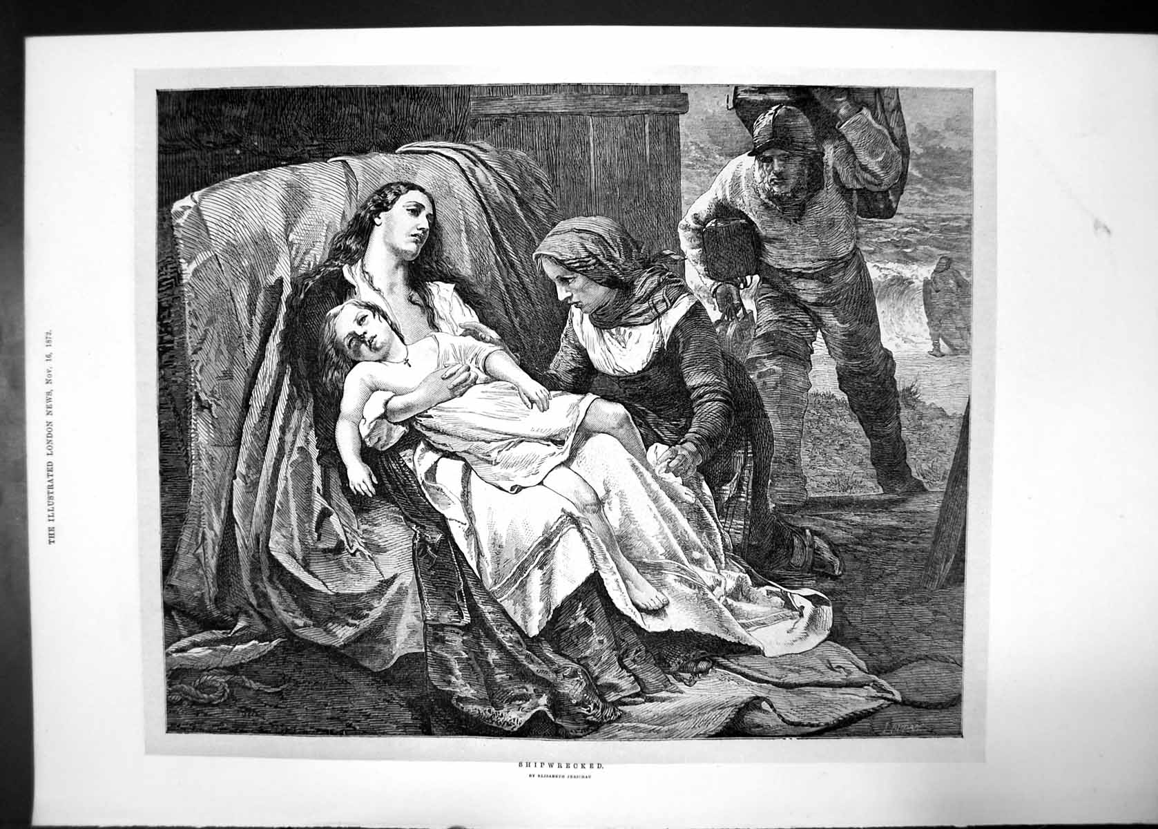 Original Old Antique Print Shipwrecked Jerichau Women Child 1872 Man Sea 19th