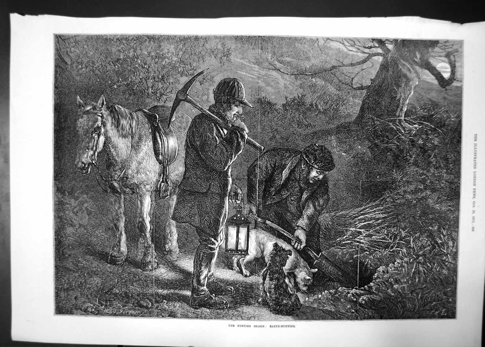 Old Antique Print Hunting Season Earth Stopping 1872 Horse Dogs Men Axe 19th