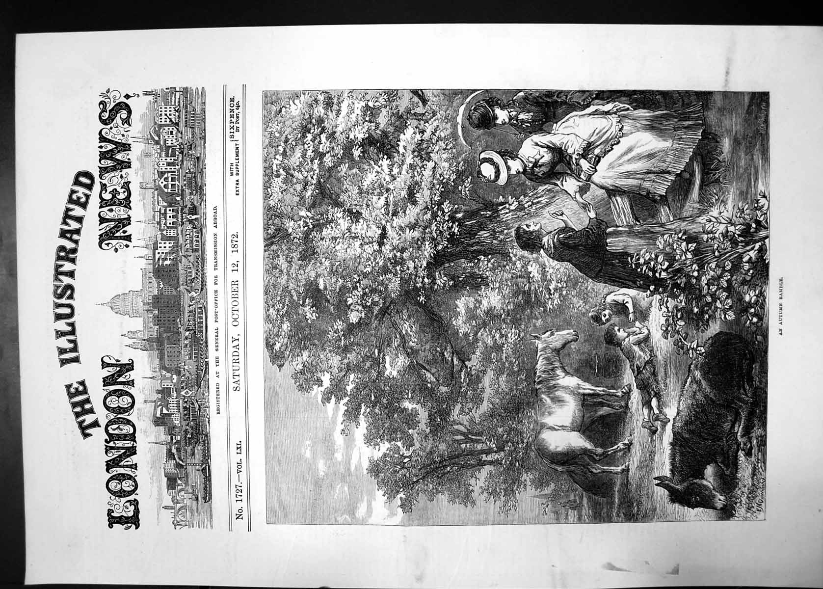 Original Old Antique Print Autum Ramble 1872 Women Tree Horses Children Resting