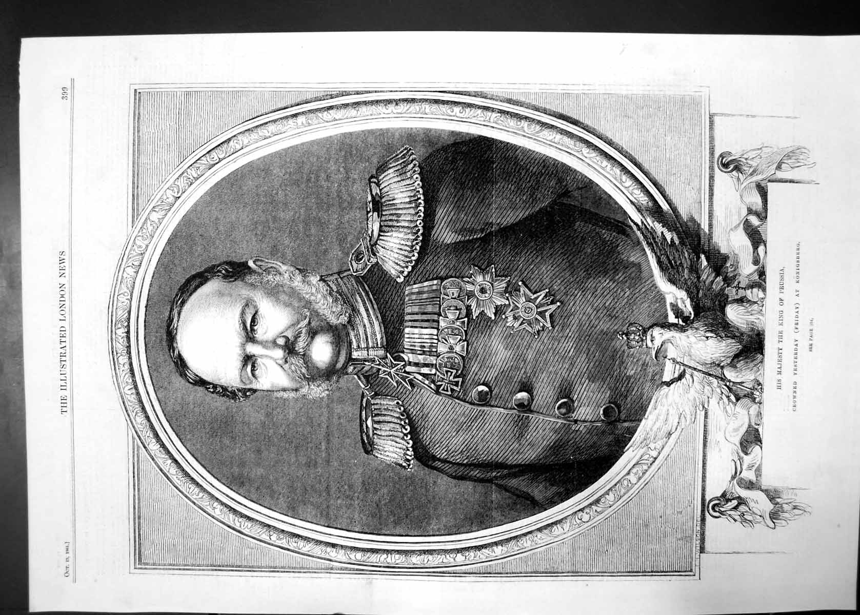 Old Antique Print Majesty King Prussia Crowned 1861 Portrait Medals Eagle 19th