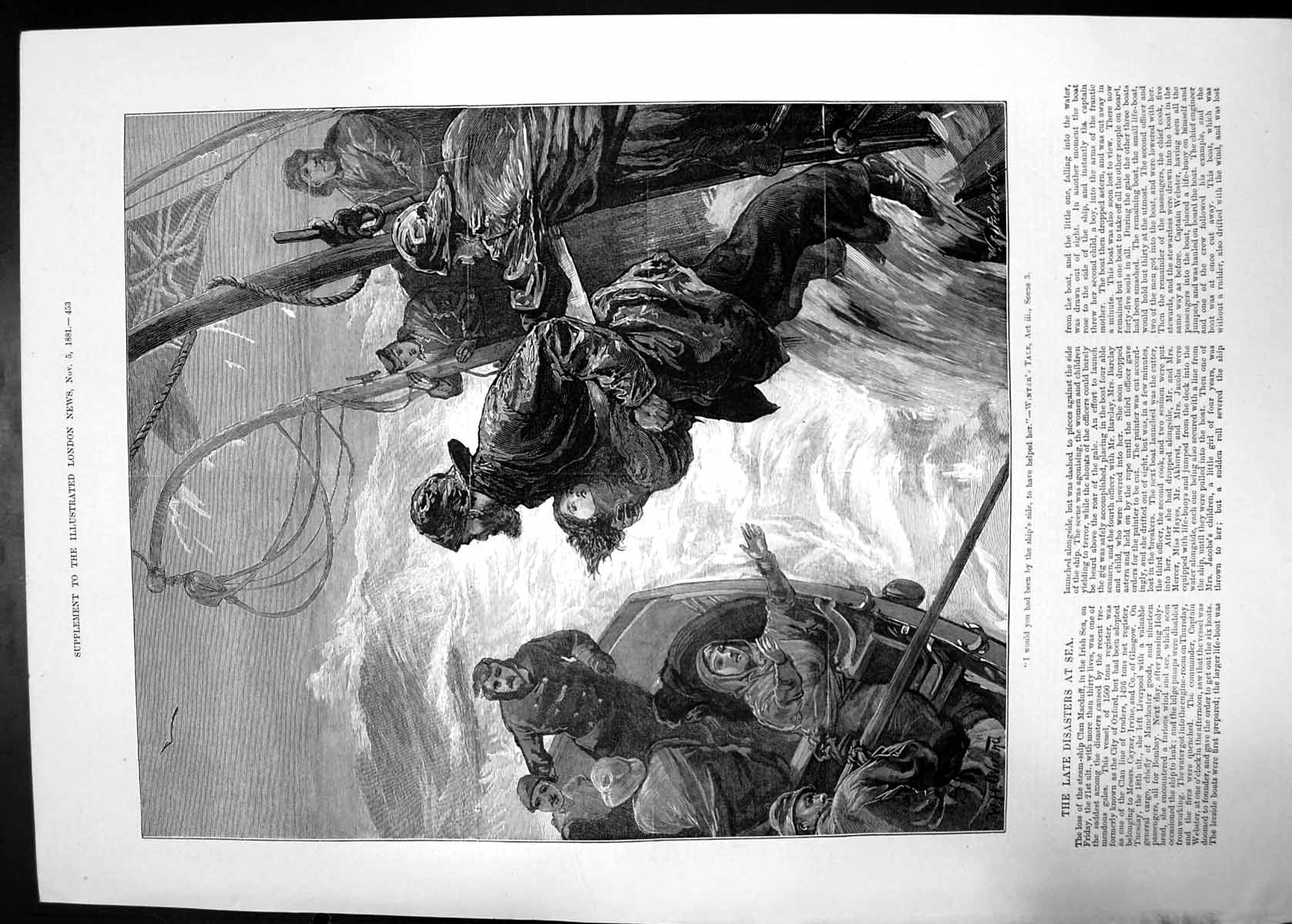 Original Old Antique Print Late Disasters At Sea 1881 Winters Tale Woman Baby