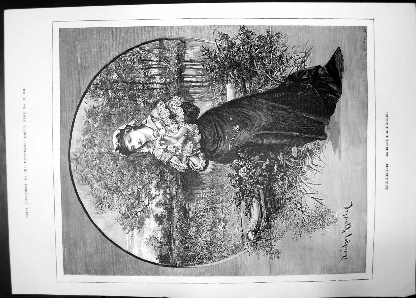 Antique Old Print Maiden Meditation Knowles 1881 Woman Portrait Bench Flowers