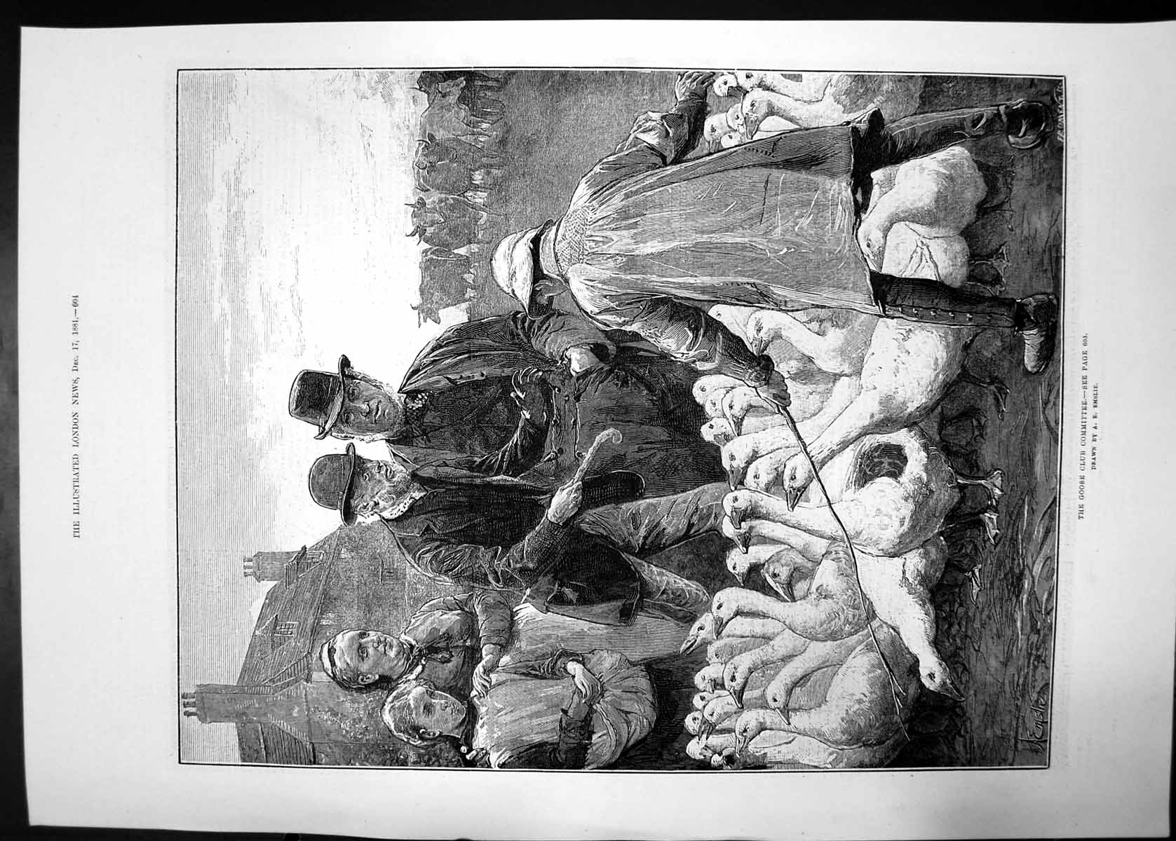 Original Old Antique Print Goose Club Committee Emslie 1881 Cows Men Women 19th