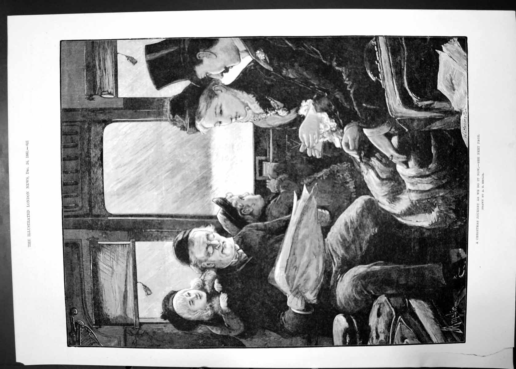 Antique Old Print Christmas Journey As We Do It Now 1881 Train Crowd Emslie